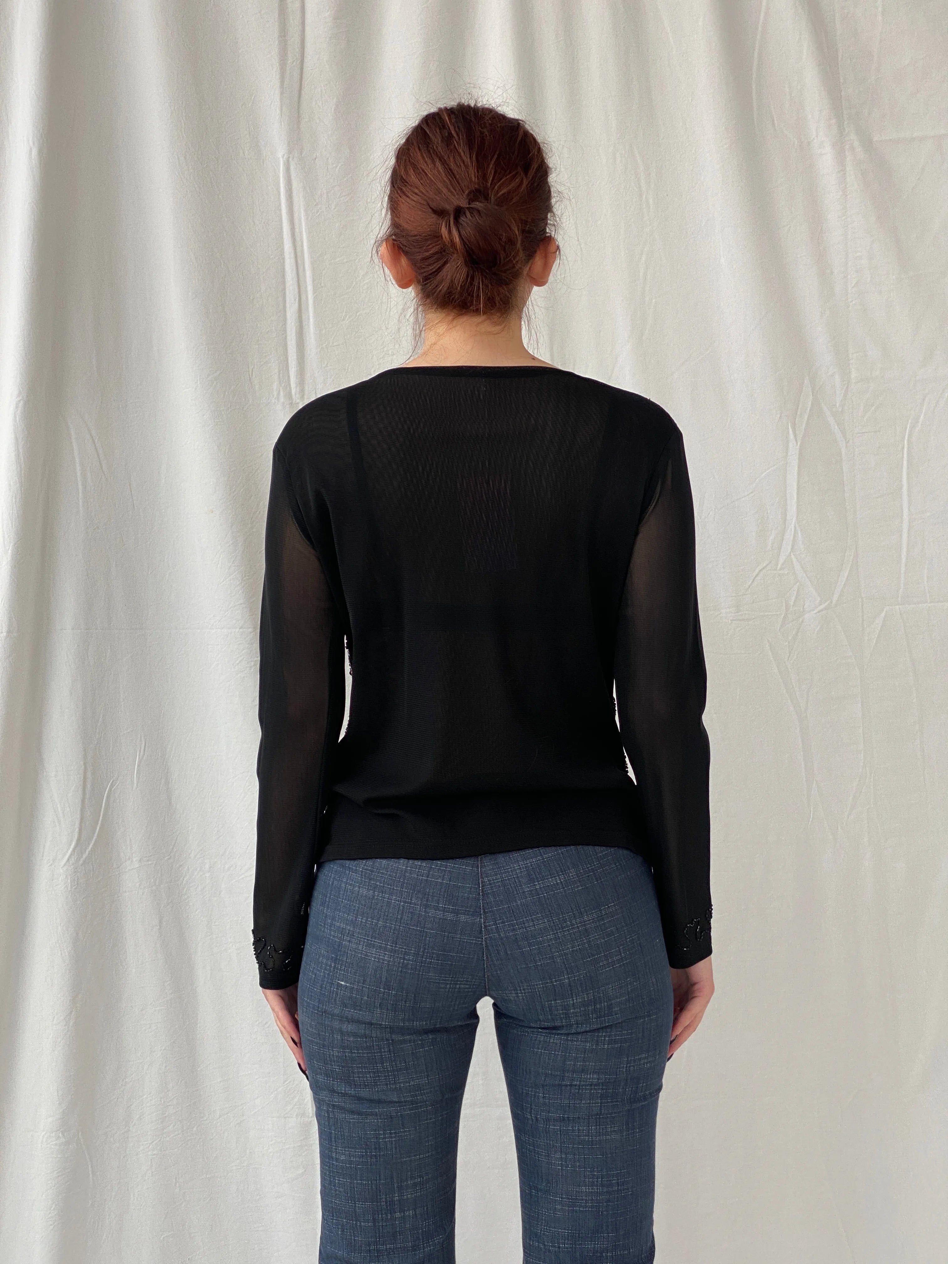 Y2K Sequin Chiffon Semi Sheer Dressy Black Women’s Top - M - Balagan Vintage Full Sleeve Top 00s, Ayah, NEW IN, sheer