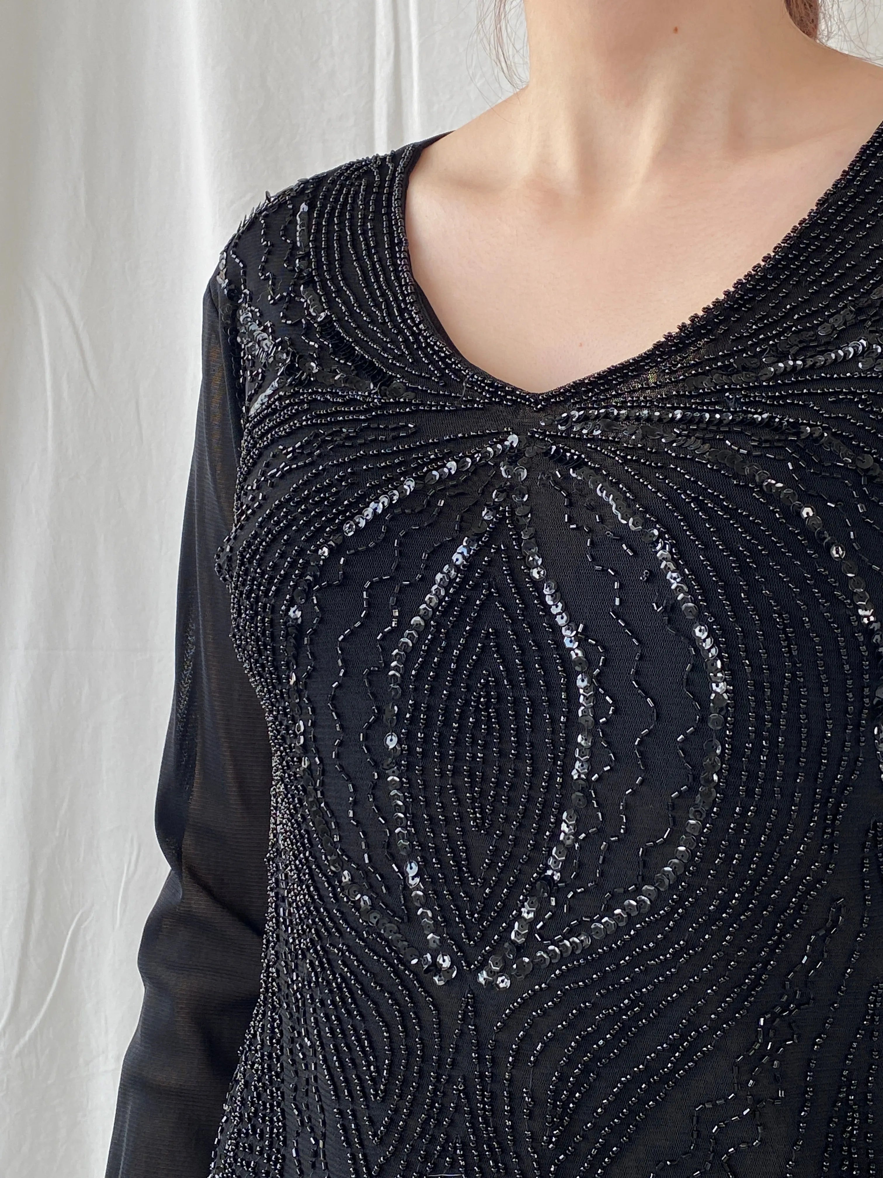 Y2K Sequin Chiffon Semi Sheer Dressy Black Women’s Top - M - Balagan Vintage Full Sleeve Top 00s, Ayah, NEW IN, sheer