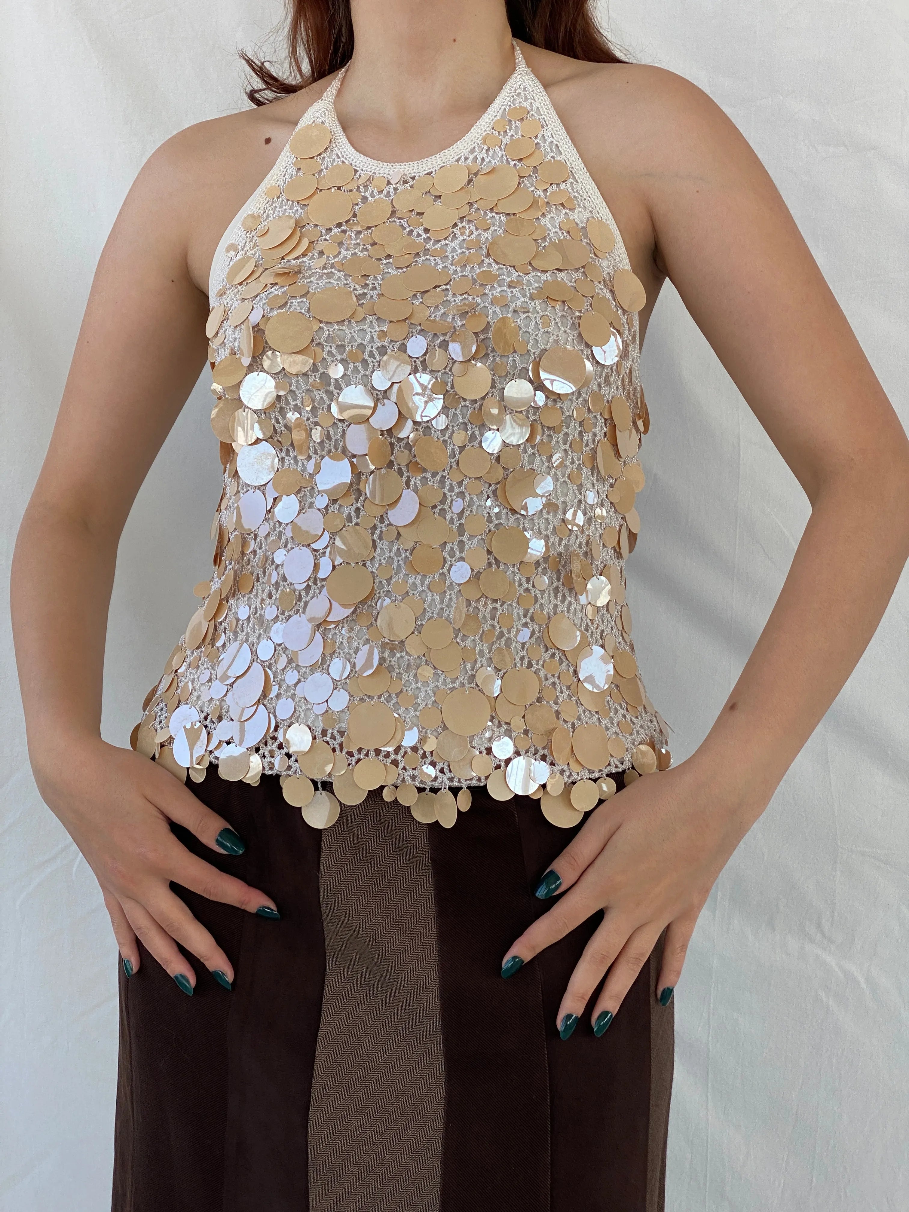 Y2K Sequin Disc Crochet Pearl Women’s Party Halter Top - M - Balagan Vintage Halter Top 00s, Ayah, consignment, crochet, halter top, Melika, women top