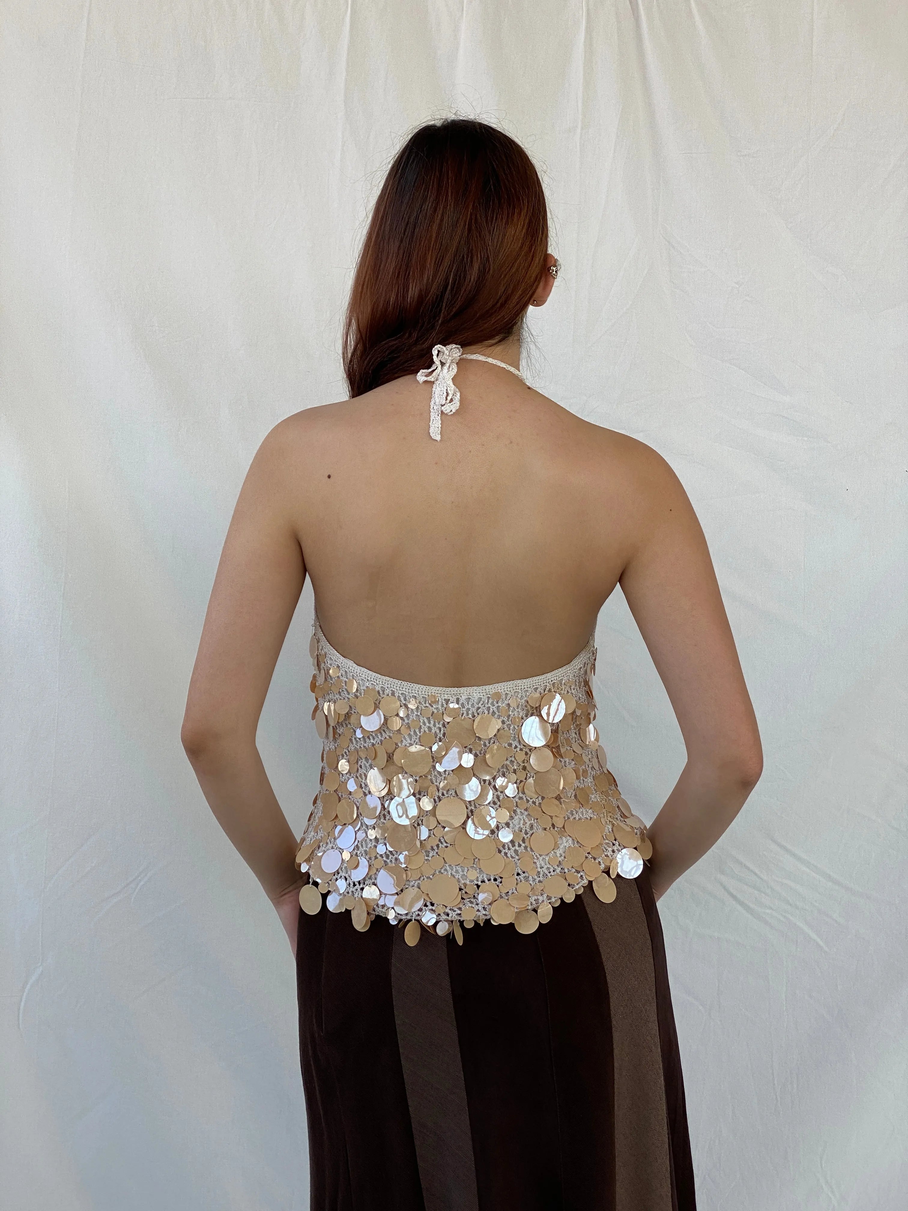 Y2K Sequin Disc Crochet Pearl Women’s Party Halter Top - M - Balagan Vintage Halter Top 00s, Ayah, consignment, crochet, halter top, Melika, women top