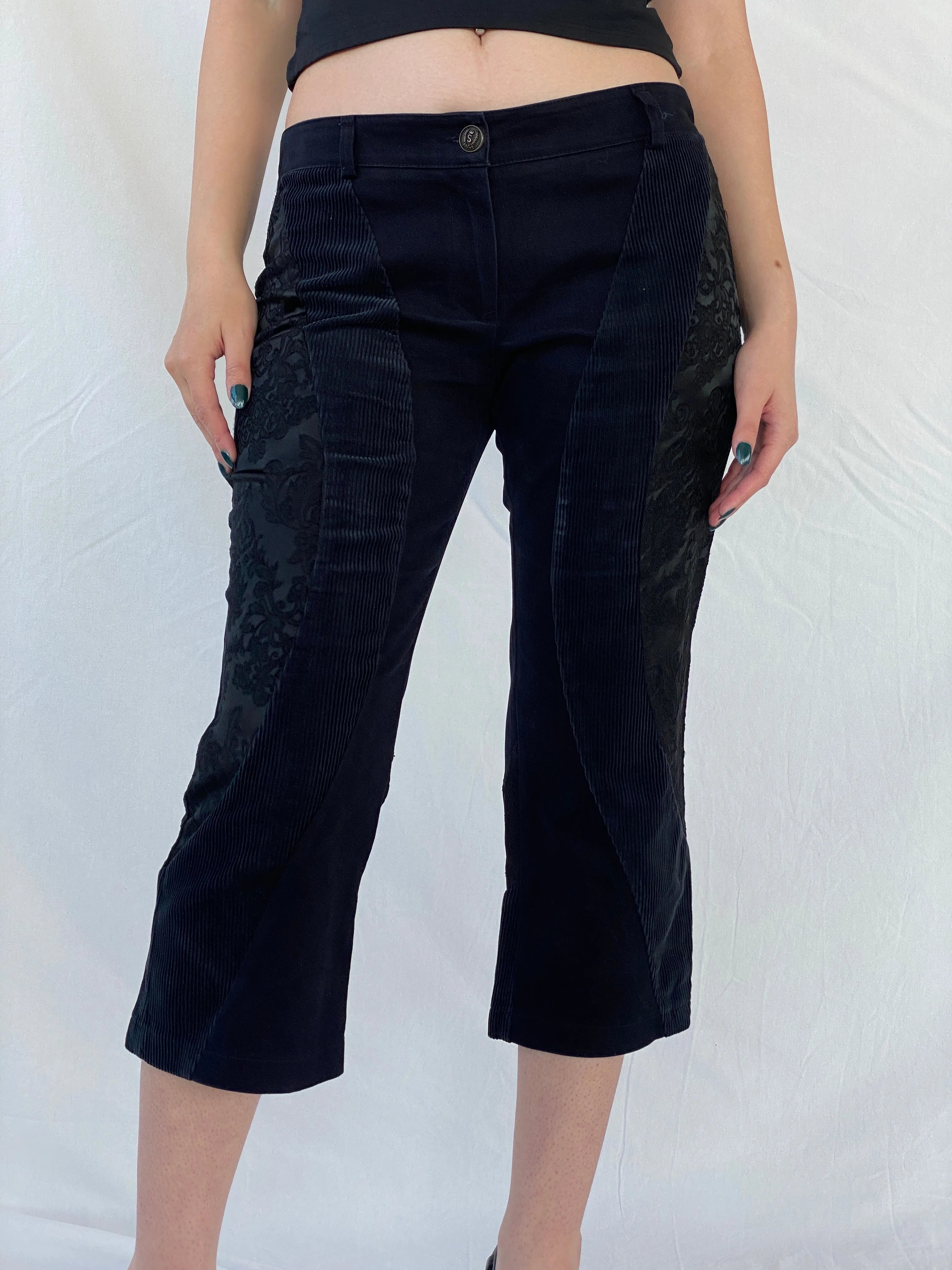 Y2K Sfarzo Milano Black Corduroy Patched Capri Pants - 44EUR - Balagan Vintage Pants Ayah, Capris, corduroy, pants, women pants