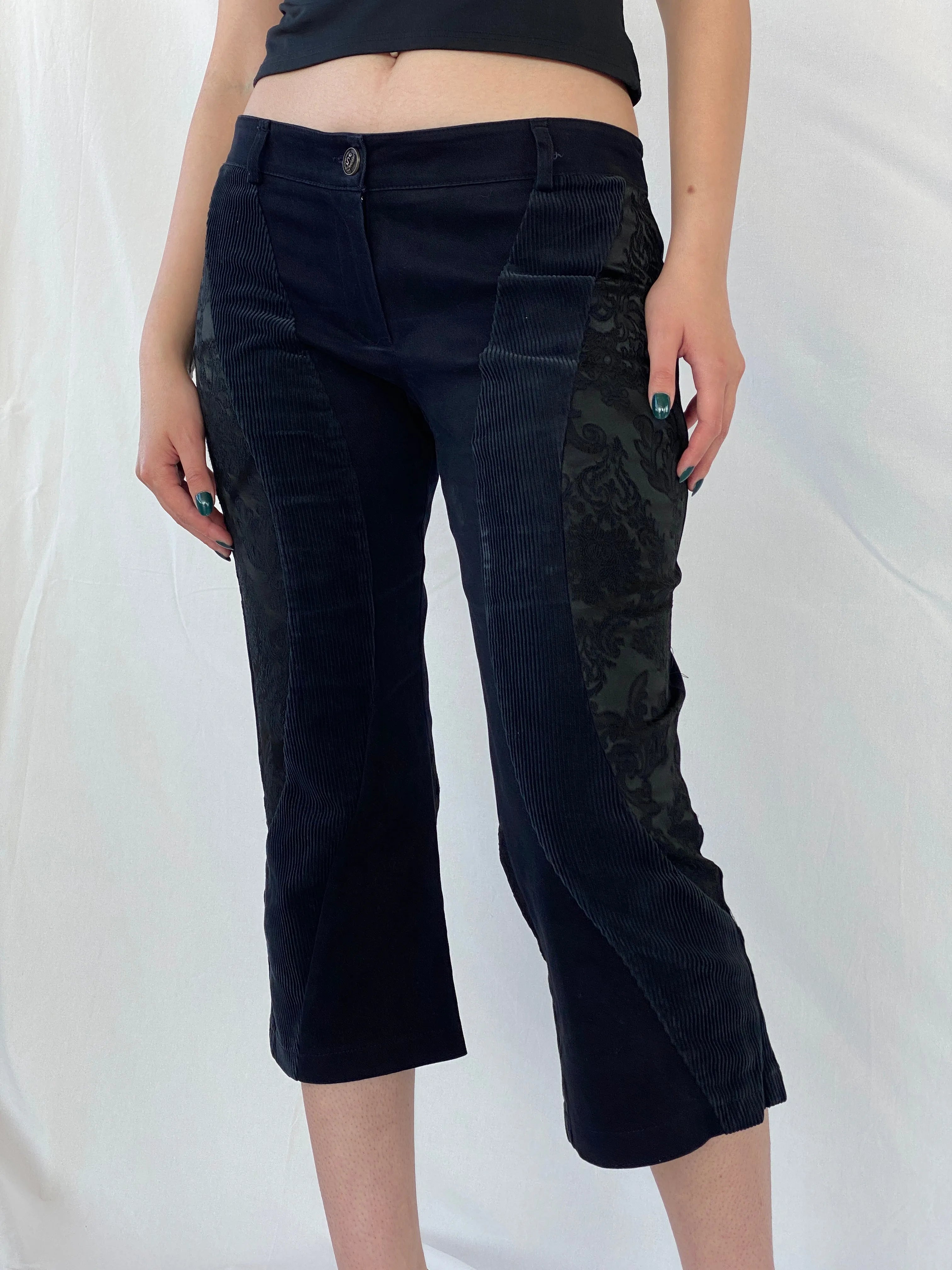 Y2K Sfarzo Milano Black Corduroy Patched Capri Pants - 44EUR - Balagan Vintage Pants Ayah, Capris, corduroy, pants, women pants