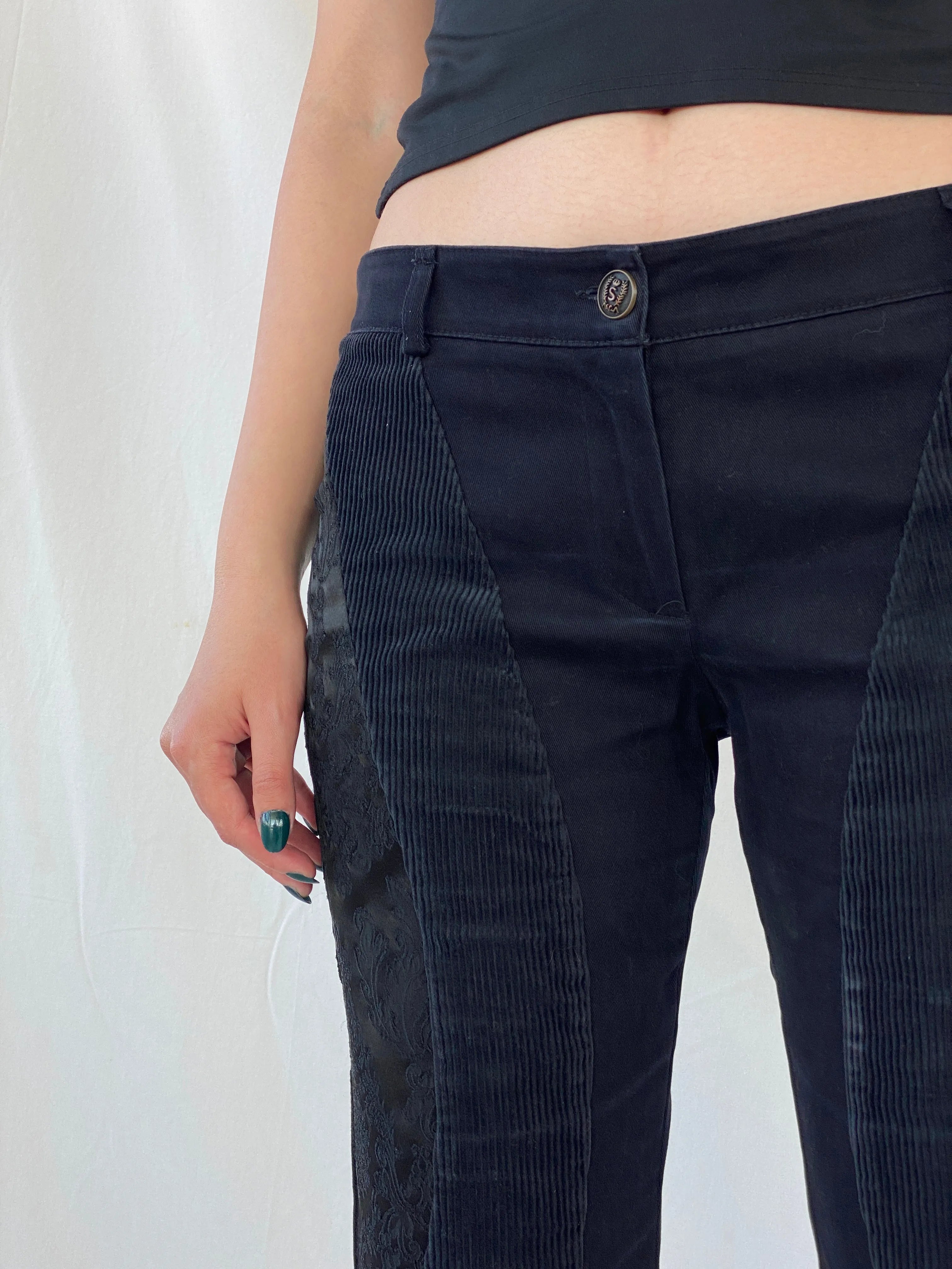 Y2K Sfarzo Milano Black Corduroy Patched Capri Pants - 44EUR - Balagan Vintage Pants Ayah, Capris, corduroy, pants, women pants