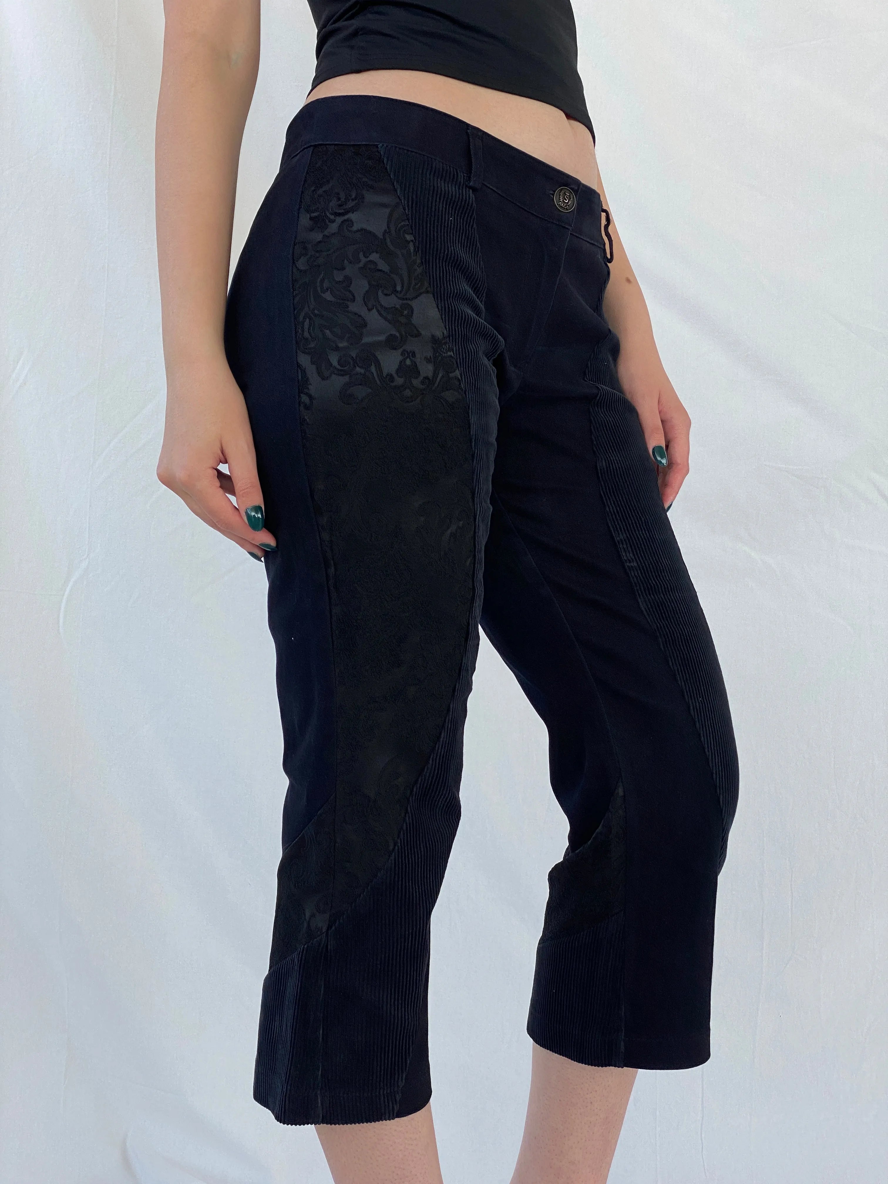 Y2K Sfarzo Milano Black Corduroy Patched Capri Pants - 44EUR - Balagan Vintage Pants Ayah, Capris, corduroy, pants, women pants