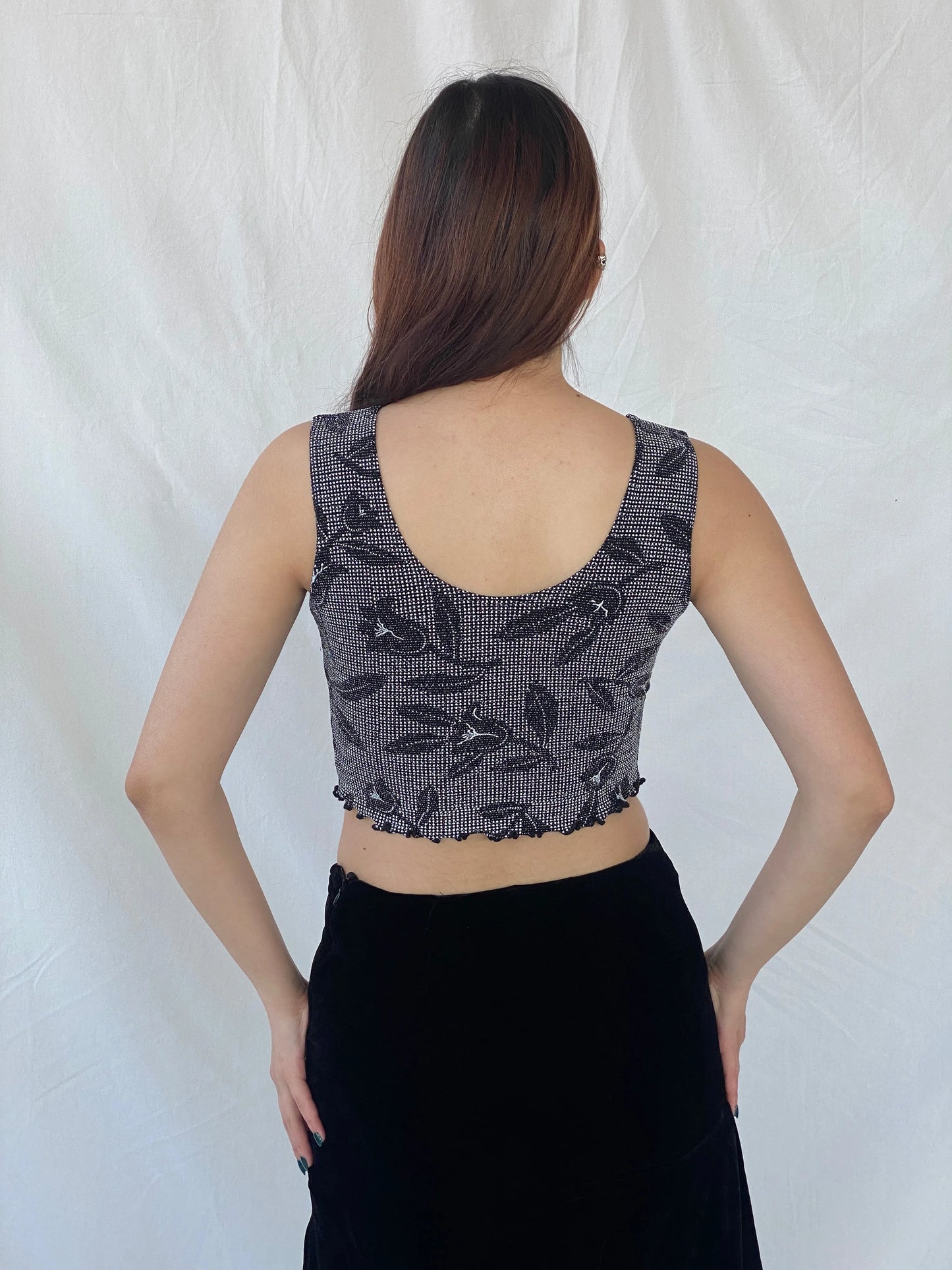 Y2K Shimmery Women’s Black Crop Tank Top - L - Balagan Vintage Sleeveless Top 00s, Ayah, shimmer, women top