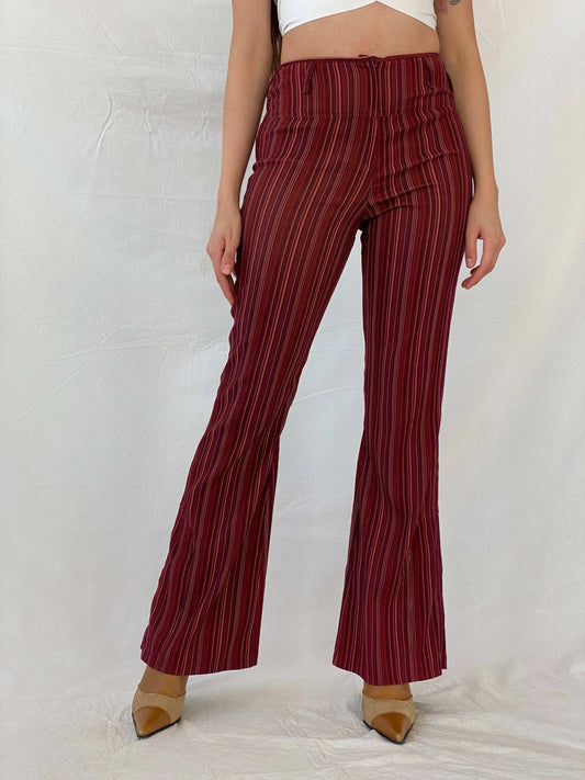 Y2K Striped Maroon Flared Leg High Waisted Pants - M - Balagan Vintage 00s, corduroy pants, Mira, pants, striped pants, vintage pants, winter
