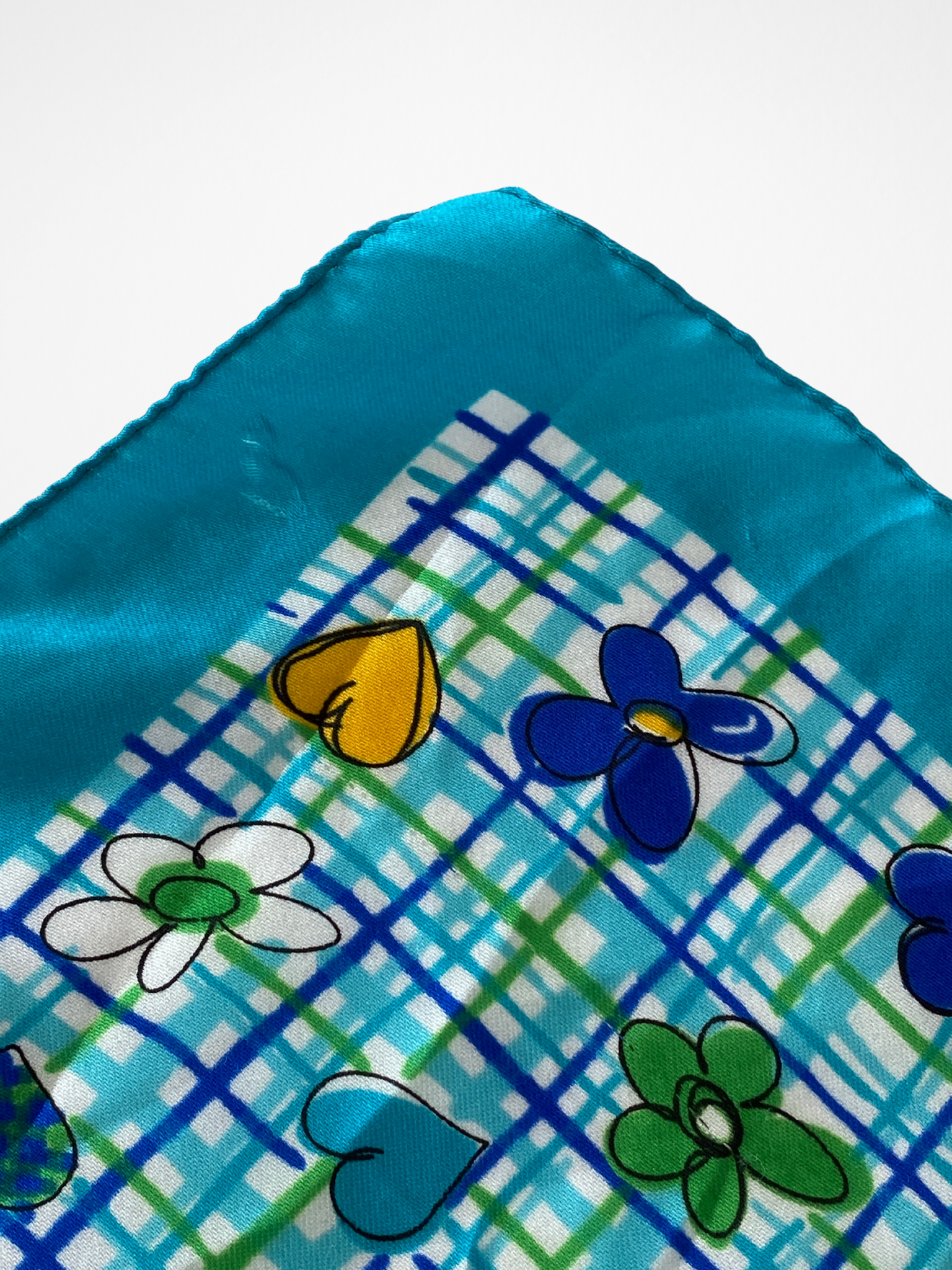 Y2K Summery Blue Square Scarf With floral heart illustrations - Balagan Vintage Scarf 00s, multicolored, NEW IN, scarf, summer