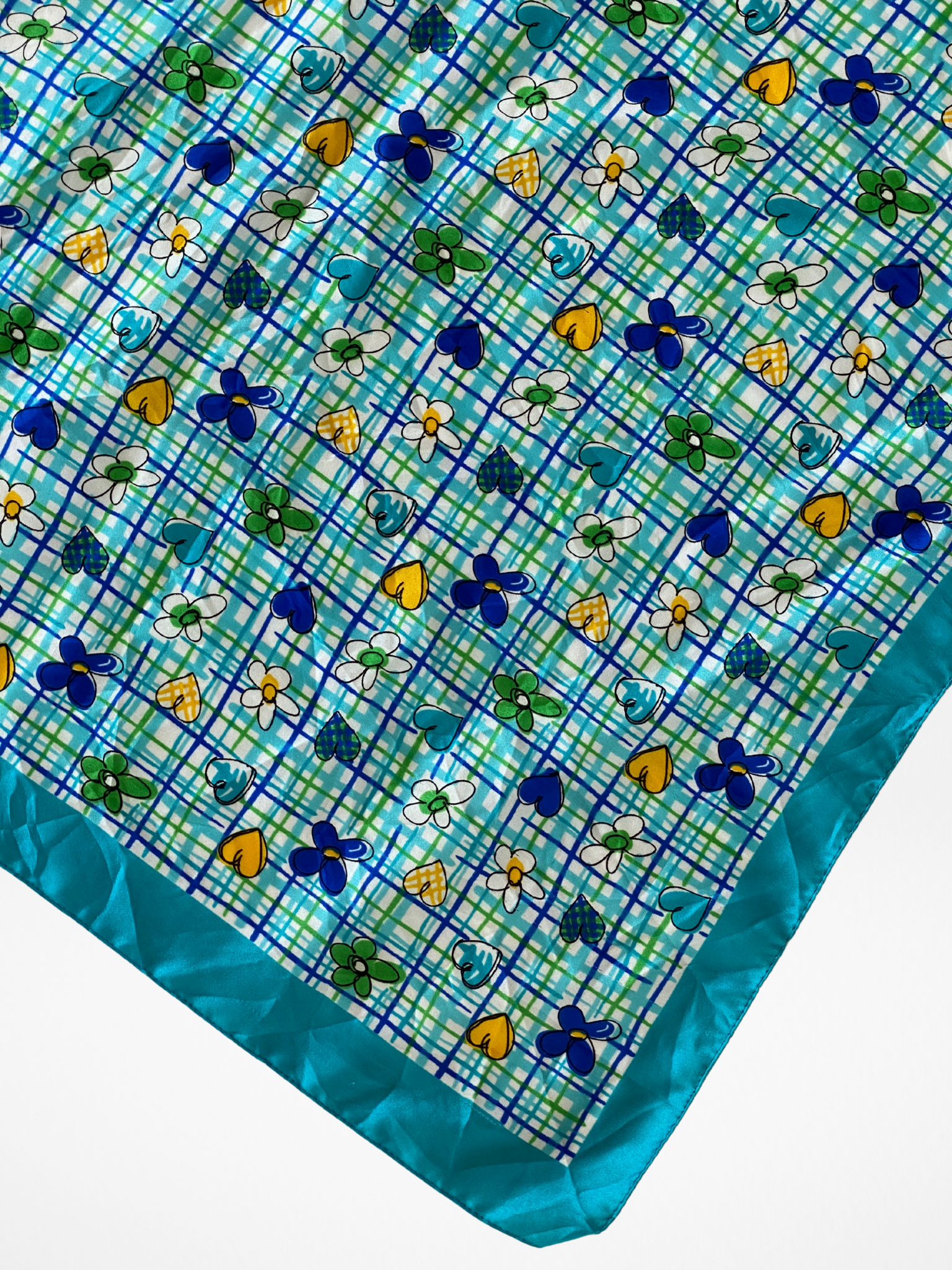 Y2K Summery Blue Square Scarf With floral heart illustrations - Balagan Vintage Scarf 00s, multicolored, NEW IN, scarf, summer