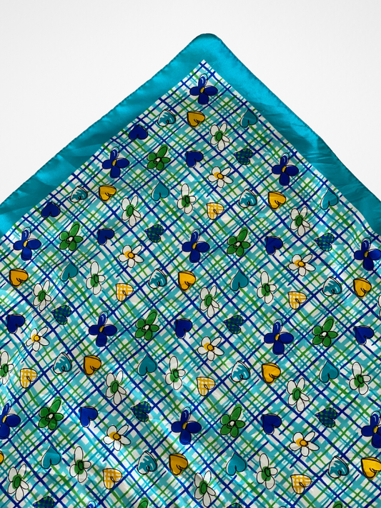 Y2K Summery Blue Square Scarf With floral heart illustrations - Balagan Vintage Scarf 00s, multicolored, NEW IN, scarf, summer