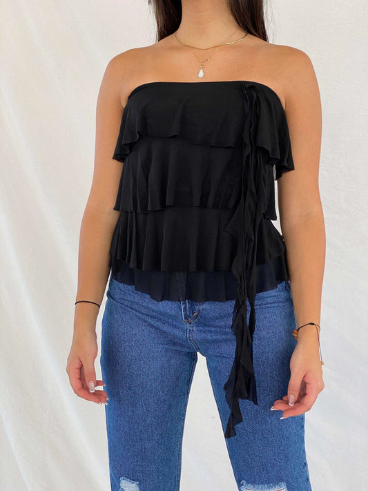 Y2K Supré Ruffled Tube Black Top - Balagan Vintage Sleeveless Top 00s, 90s, Deals, Rama