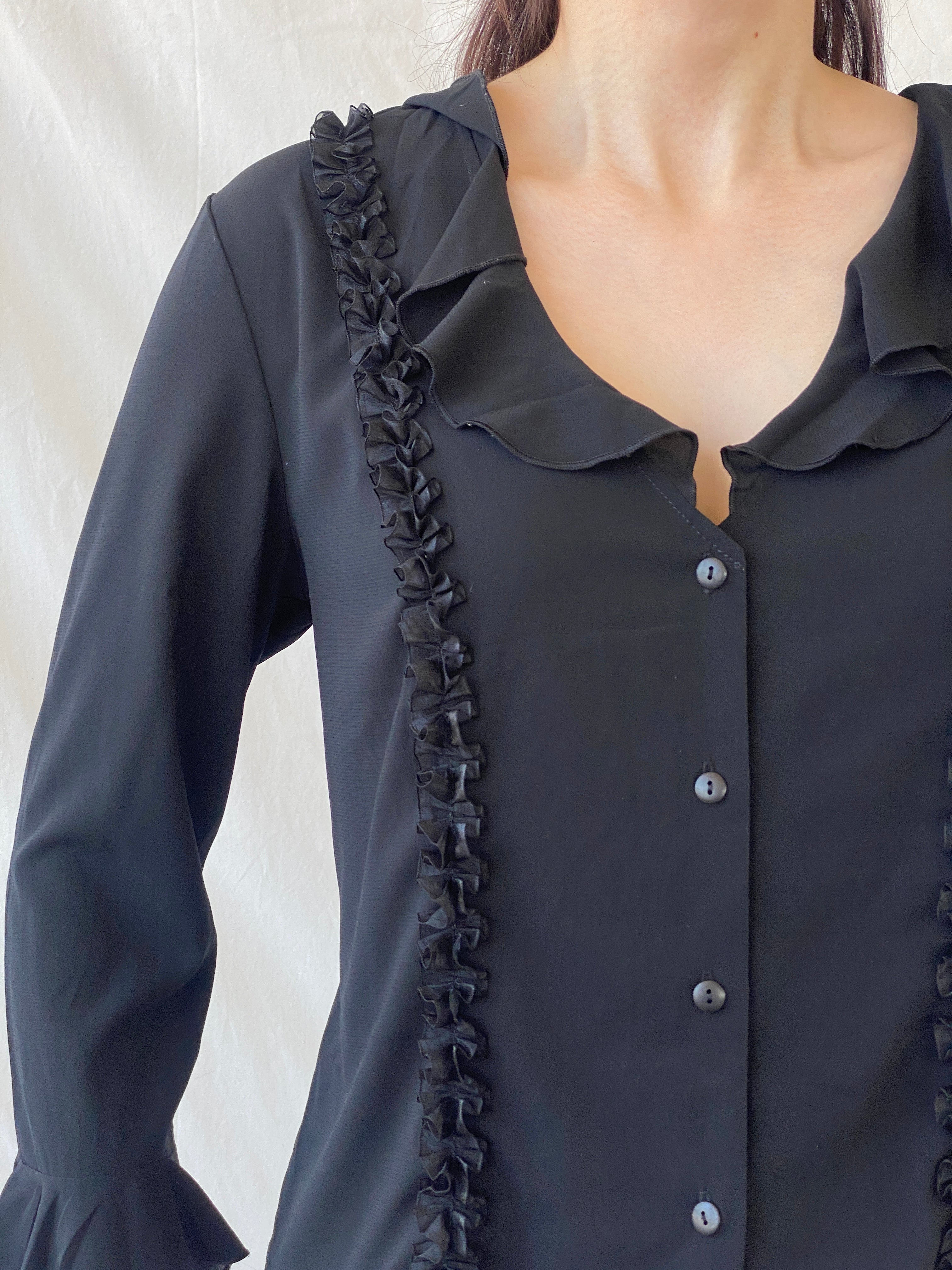 Y2K Under Cover Wear Black Ruffled Office Button Up Shirt - L - Balagan Vintage Full Sleeve Shirt 00s, Ayah, full sleeve shirt, NEW IN, Office core, summer