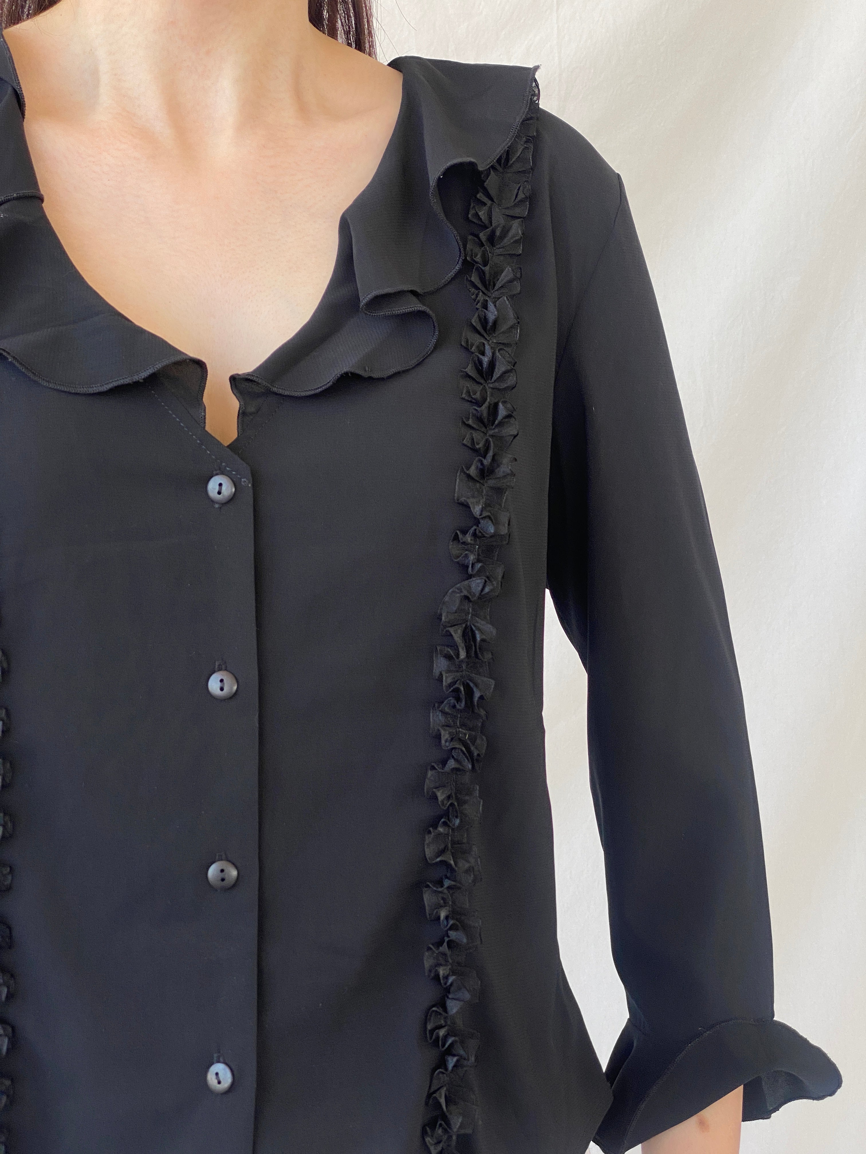 Y2K Under Cover Wear Black Ruffled Office Button Up Shirt - L - Balagan Vintage Full Sleeve Shirt 00s, Ayah, full sleeve shirt, NEW IN, Office core, summer