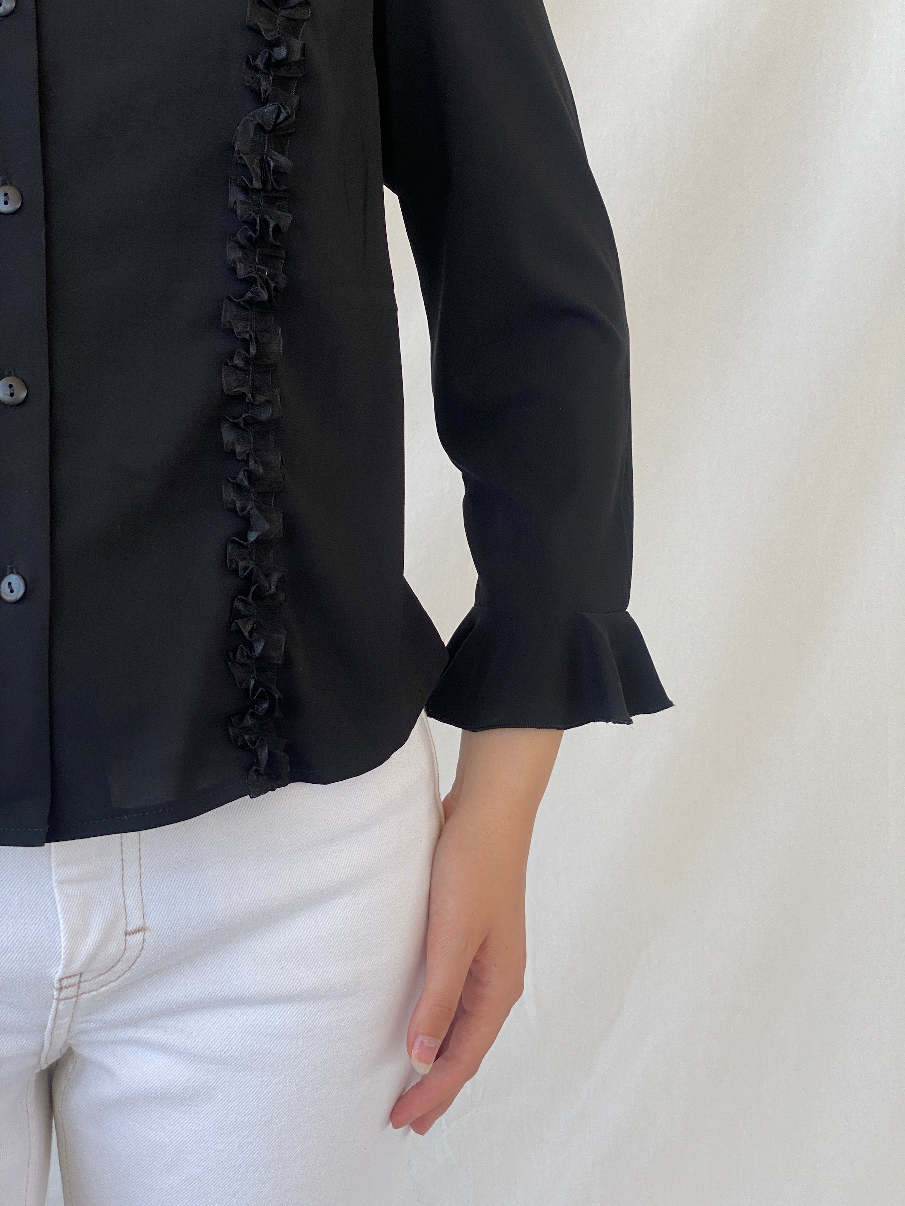 Y2K Under Cover Wear Black Ruffled Office Button Up Shirt - L - Balagan Vintage Full Sleeve Shirt 00s, Ayah, full sleeve shirt, NEW IN, Office core, summer