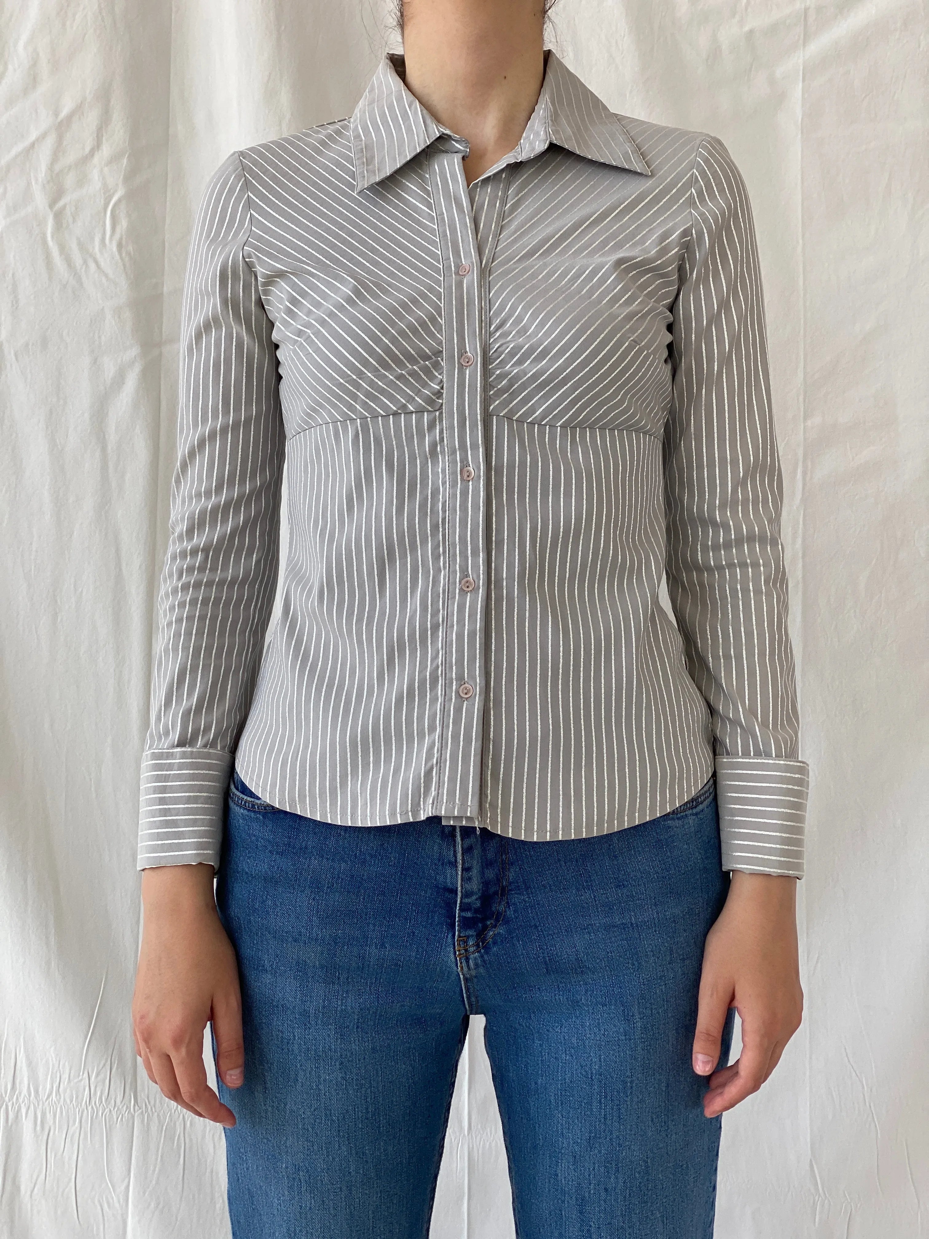 Y2K Vero Moda Gray Full Sleeve Striped Office Core Shirt - S - Balagan Vintage Full Sleeve Shirt Ayah, full sleeve shirt, Office core, shirt, women shirt