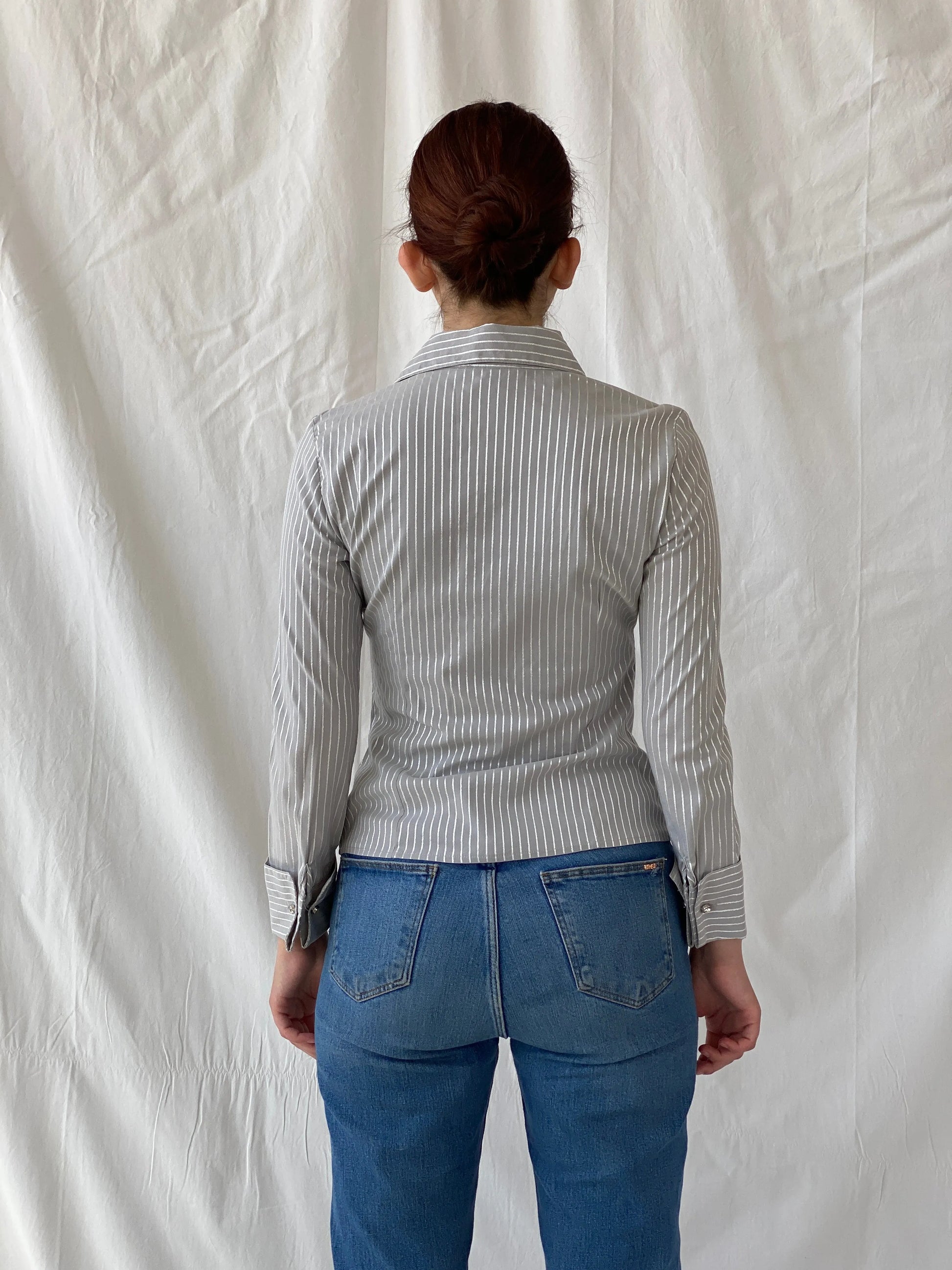 Y2K Vero Moda Gray Full Sleeve Striped Office Core Shirt - S - Balagan Vintage Full Sleeve Shirt Ayah, full sleeve shirt, Office core, shirt, women shirt