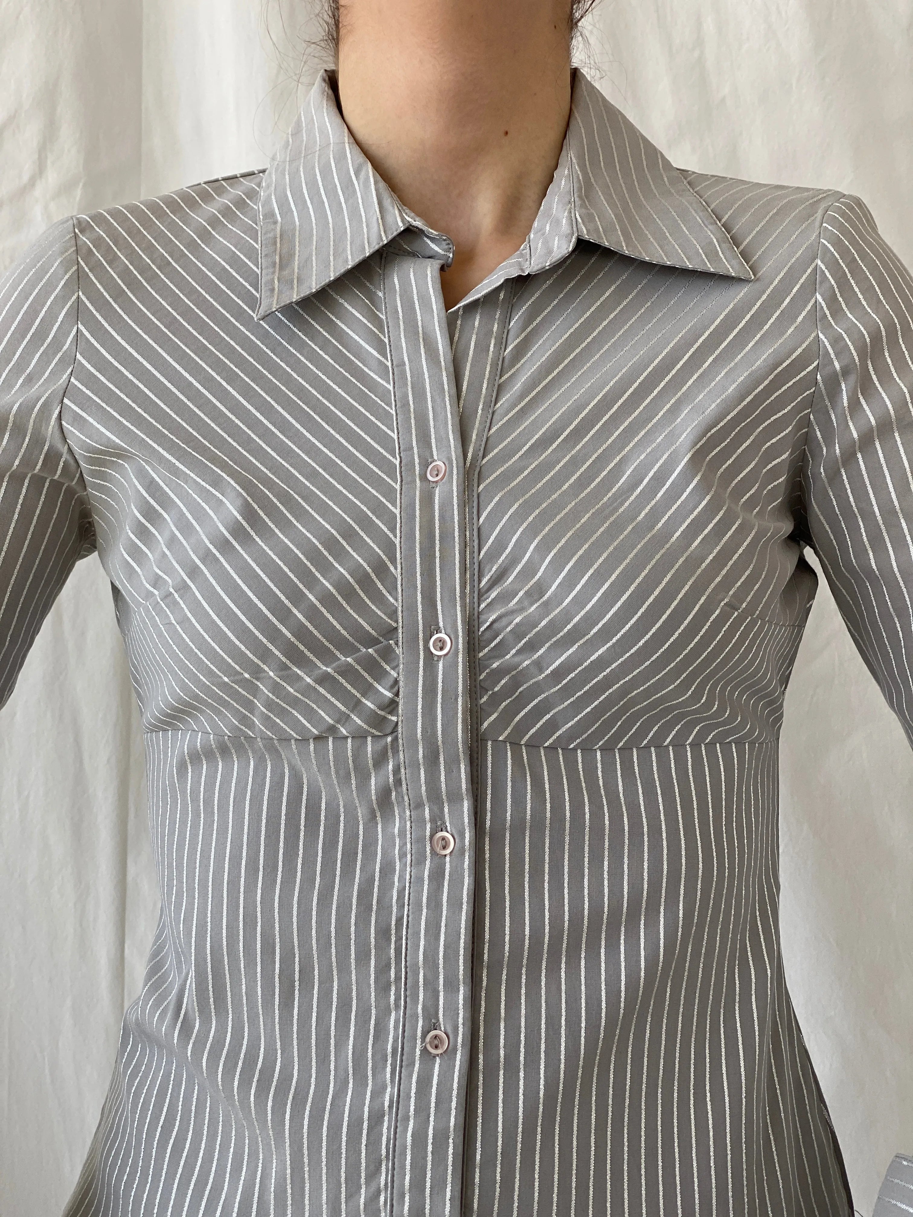 Y2K Vero Moda Gray Full Sleeve Striped Office Core Shirt - S - Balagan Vintage Full Sleeve Shirt Ayah, full sleeve shirt, Office core, shirt, women shirt
