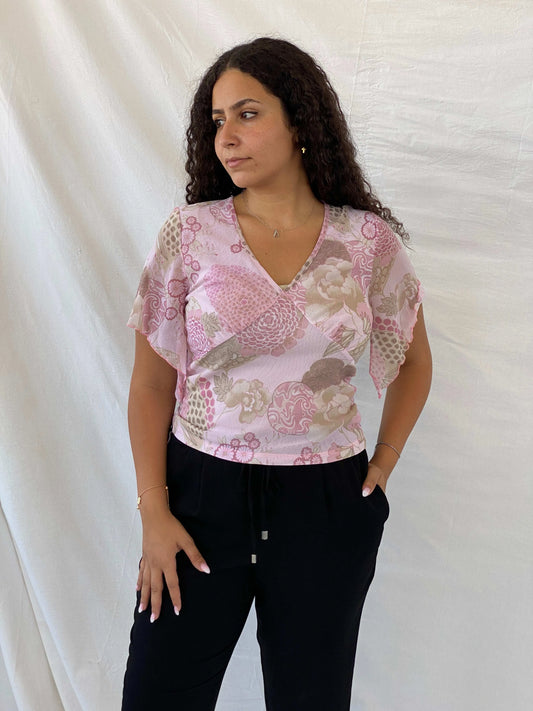 Y2K Wallis Floral Mesh Pink Half-Sleeve Top - L - Balagan Vintage Half Sleeve Top 00s, 90s, Dina, floral top, mesh, mesh top