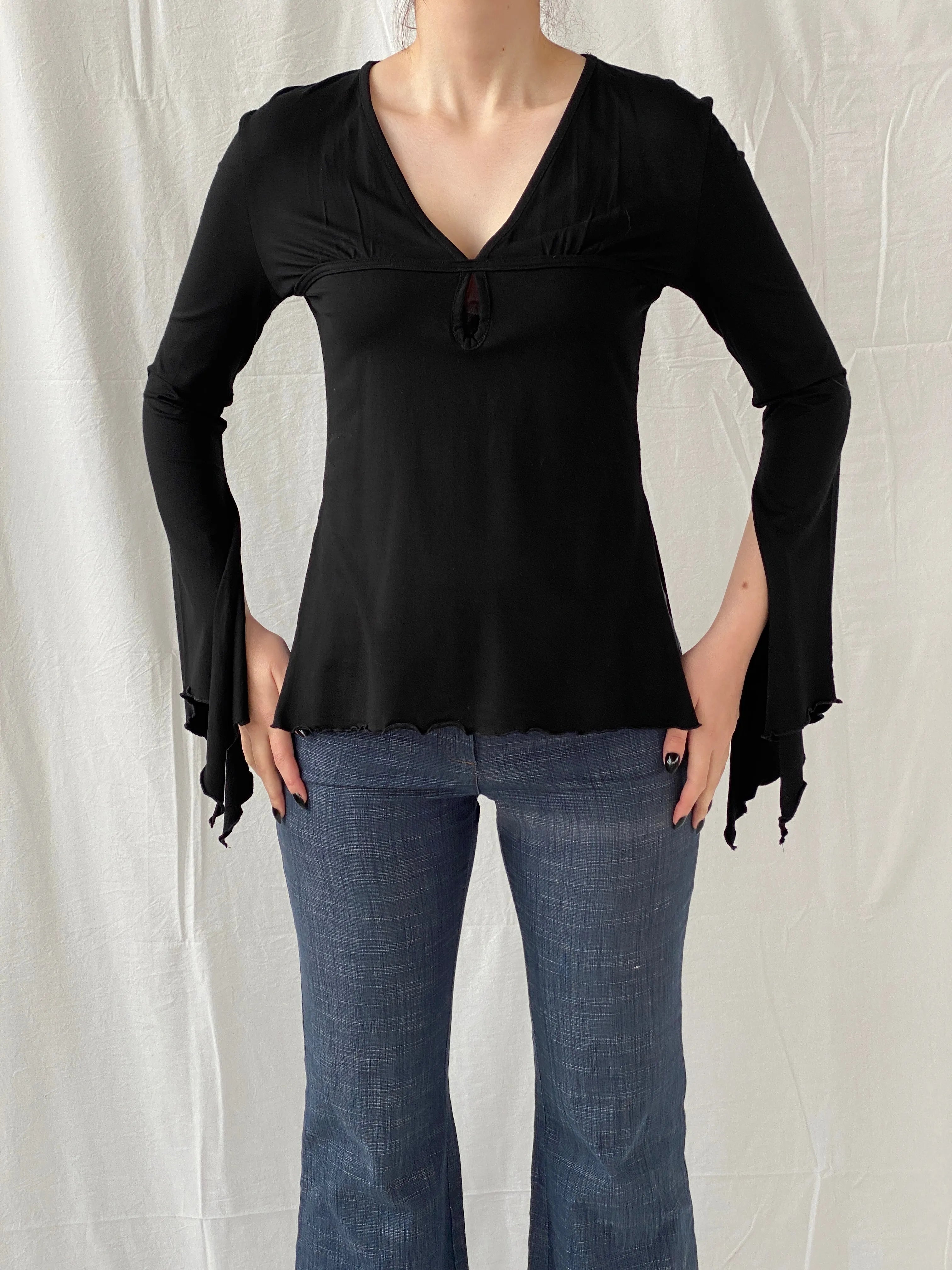 Y2K Wonder Woman for Cool Cat Black Flare Long Sleeve Top - M - Balagan Vintage Full Sleeve Top 00s, 90s, Ayah, consignment, Danadabbas, sheer, winter, women top