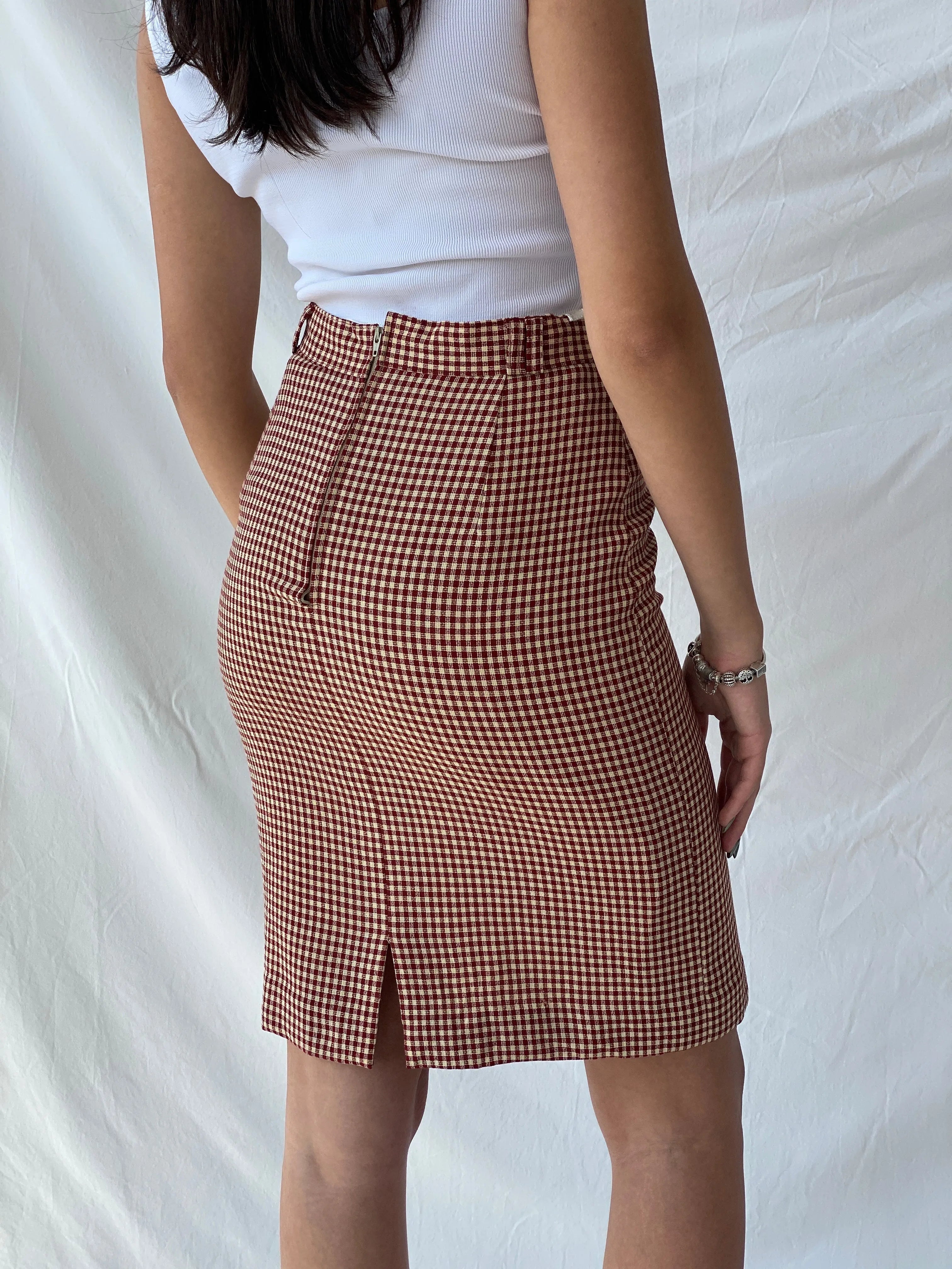 Y2K Wool Plaid Women’s Pencil Red & Beige Midi Skirt - M - Balagan Vintage Midi Skirt 00s, midi skirt, Office core, Syntia, winter