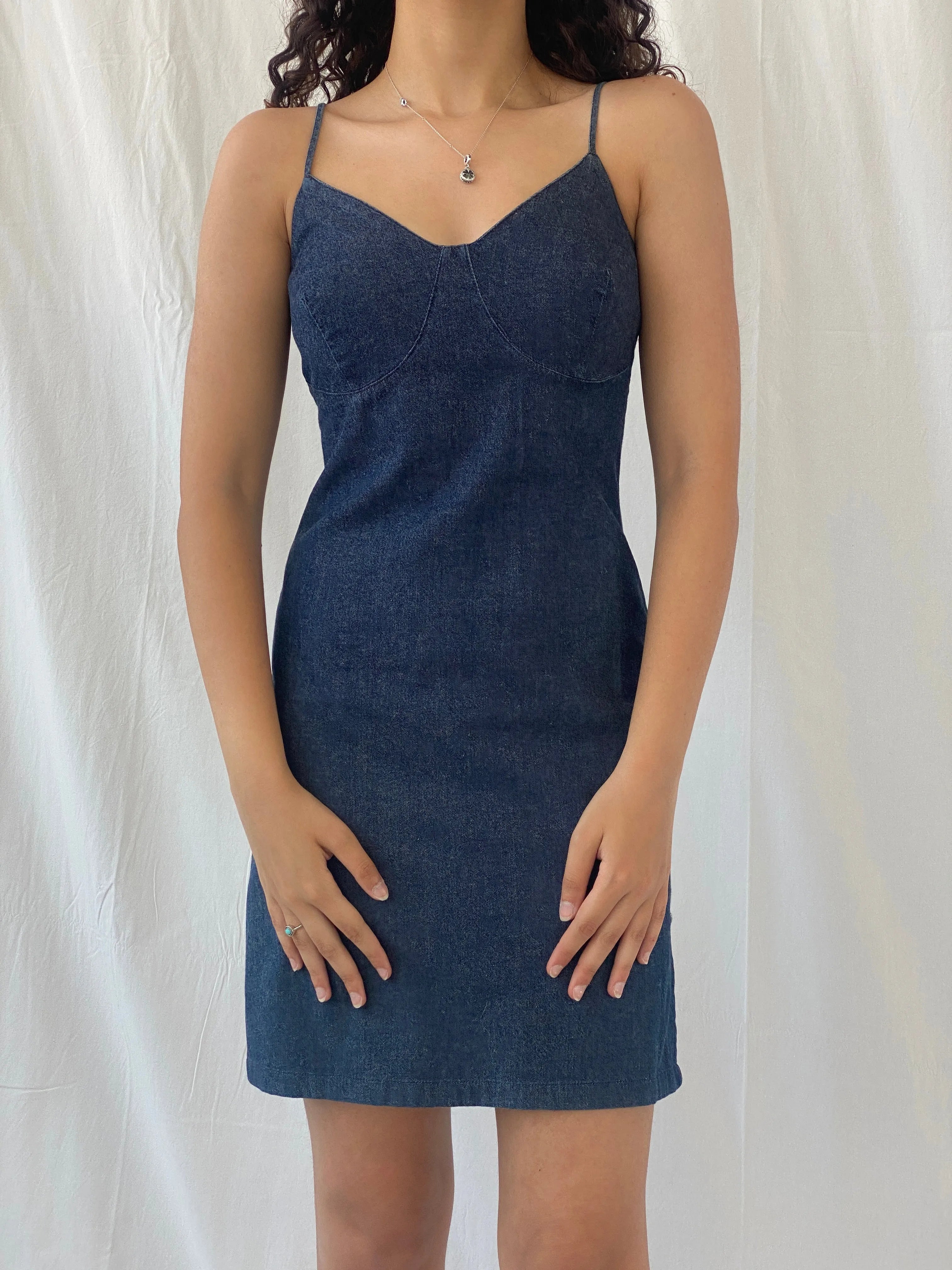 Y2k WPÏ Waipaï Fitted Short Spaghetti Strap Denim Dress - S - Balagan Vintage Midi Dress 00s dress, Celine, denim, denim dress, dress, midi dress, Y2K dress