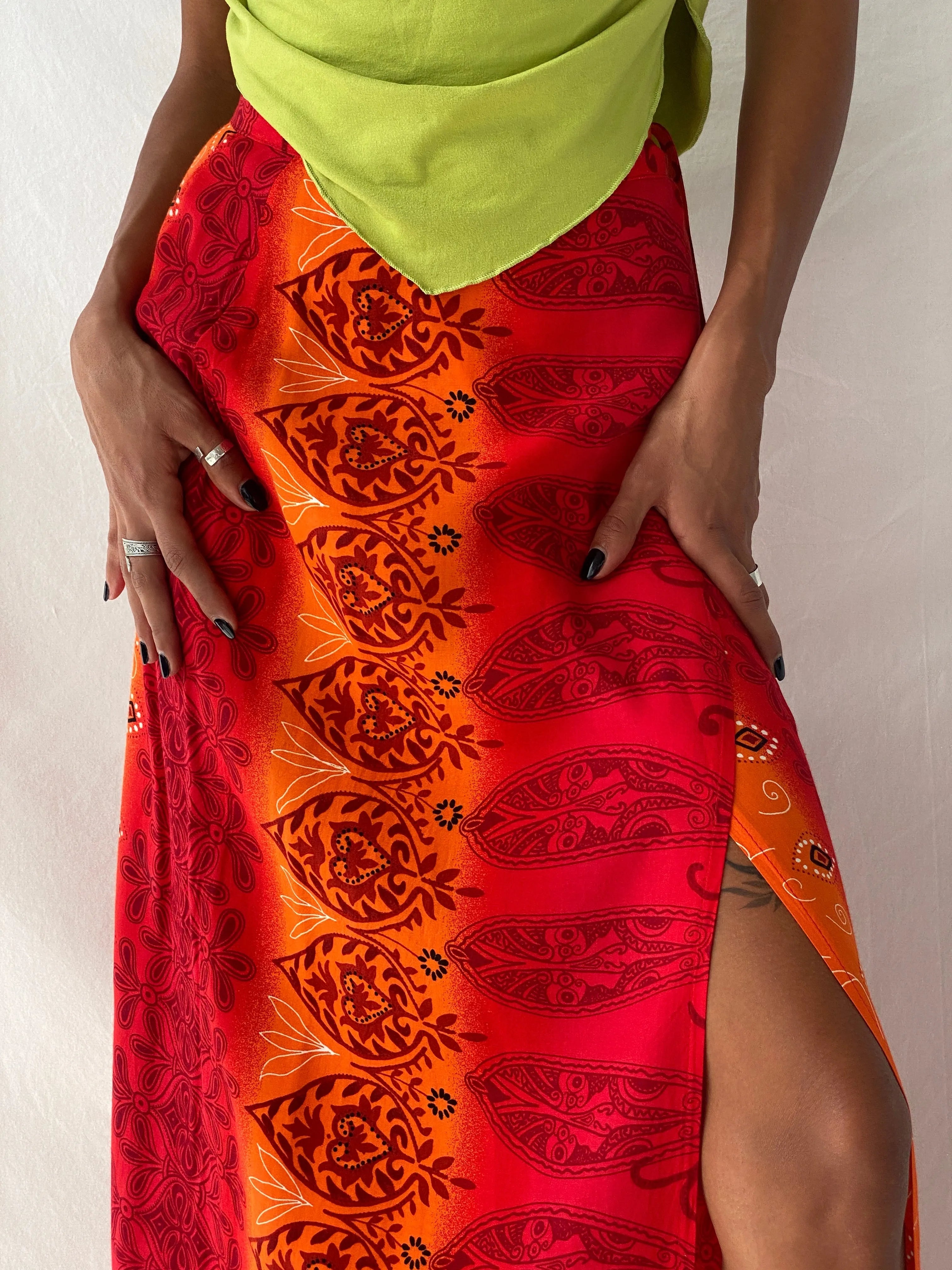 Y2K Wrap Maxi Red & Orange Floral Print Skirt - S - Balagan Vintage Maxi Skirt 00s, floral, maxi skirt, summer, Tojan, wrap skirt