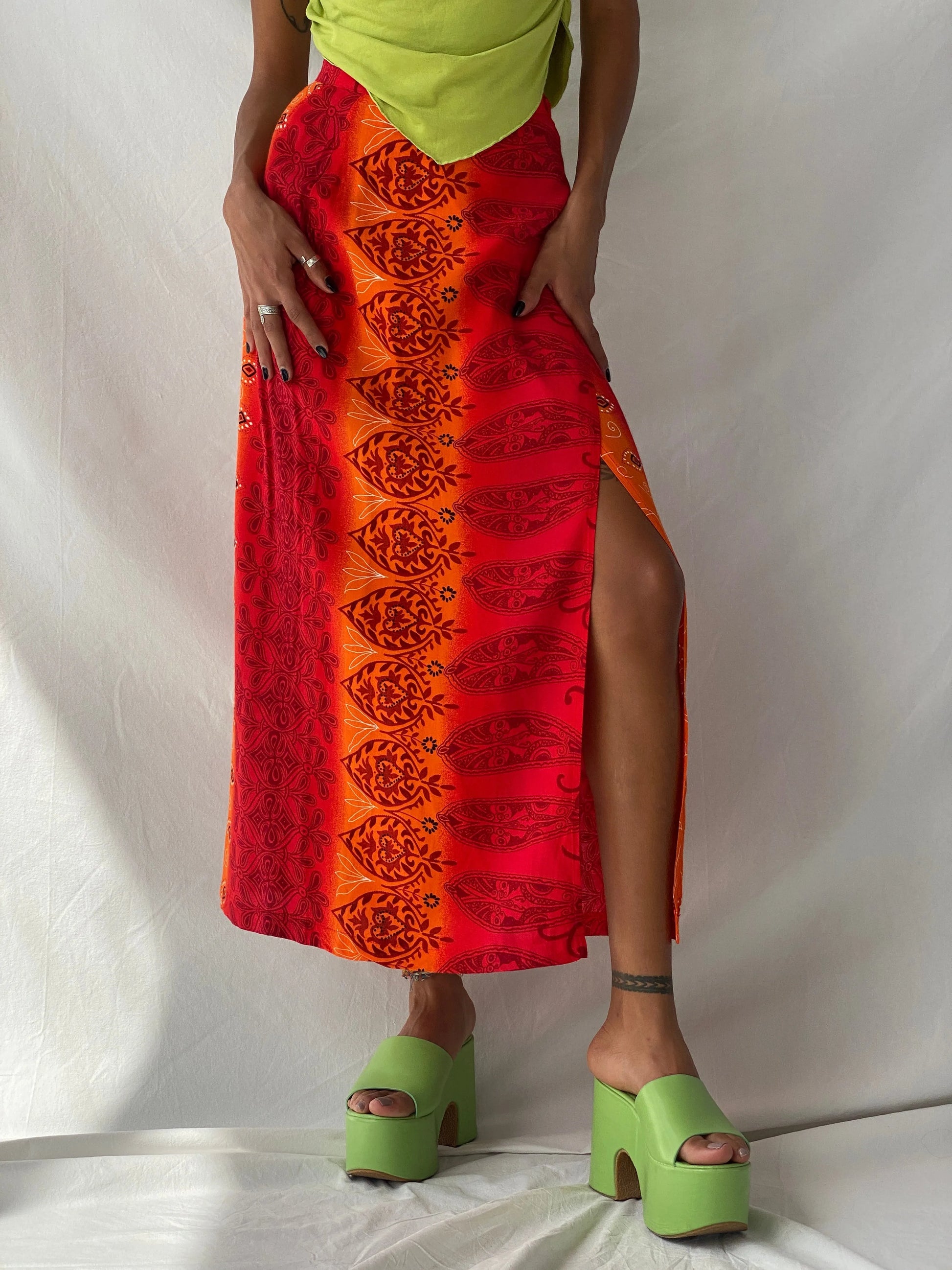 Y2K Wrap Maxi Red & Orange Floral Print Skirt - S - Balagan Vintage Maxi Skirt 00s, floral, maxi skirt, summer, Tojan, wrap skirt