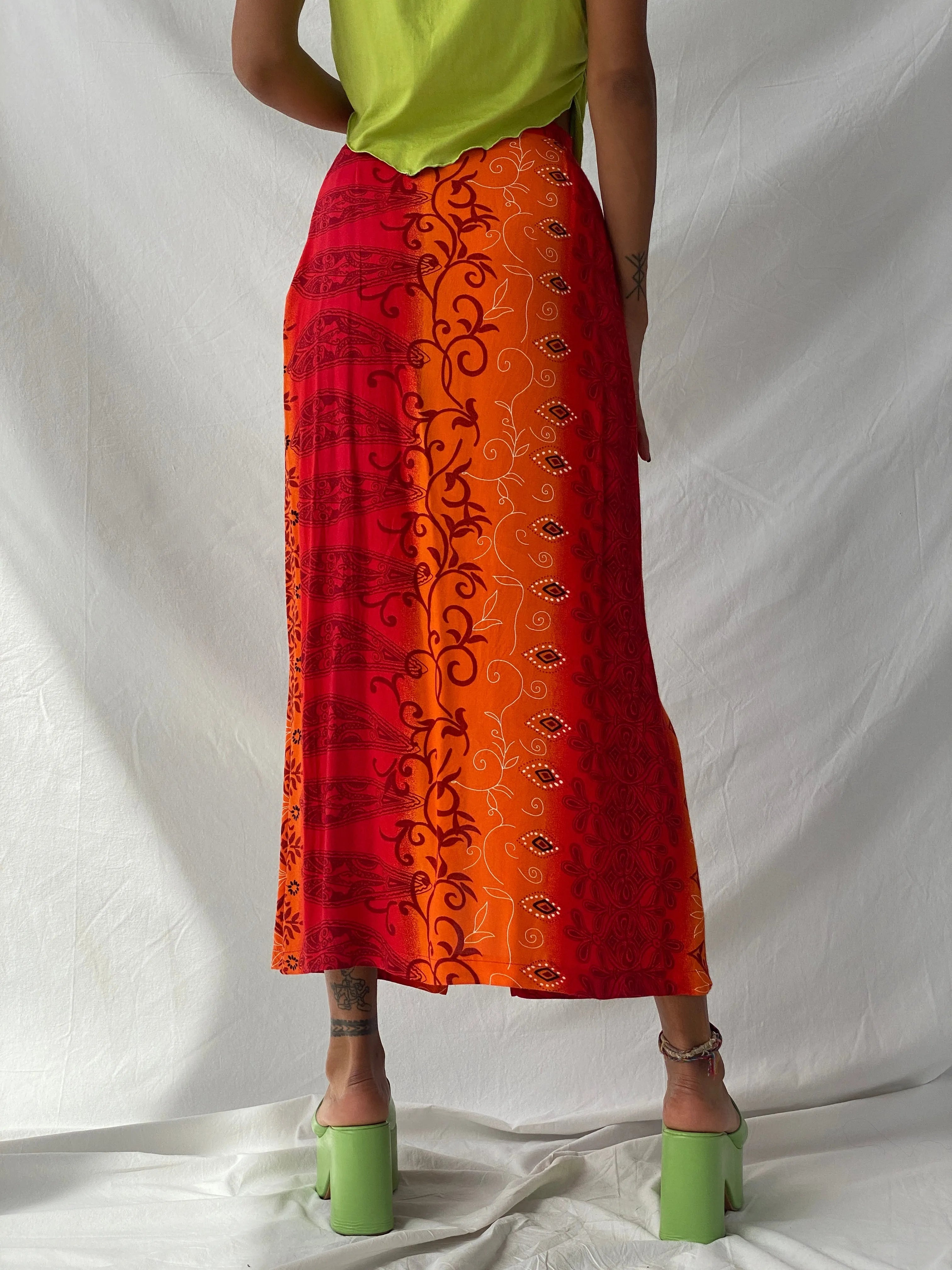 Y2K Wrap Maxi Red & Orange Floral Print Skirt - S - Balagan Vintage Maxi Skirt 00s, floral, maxi skirt, summer, Tojan, wrap skirt