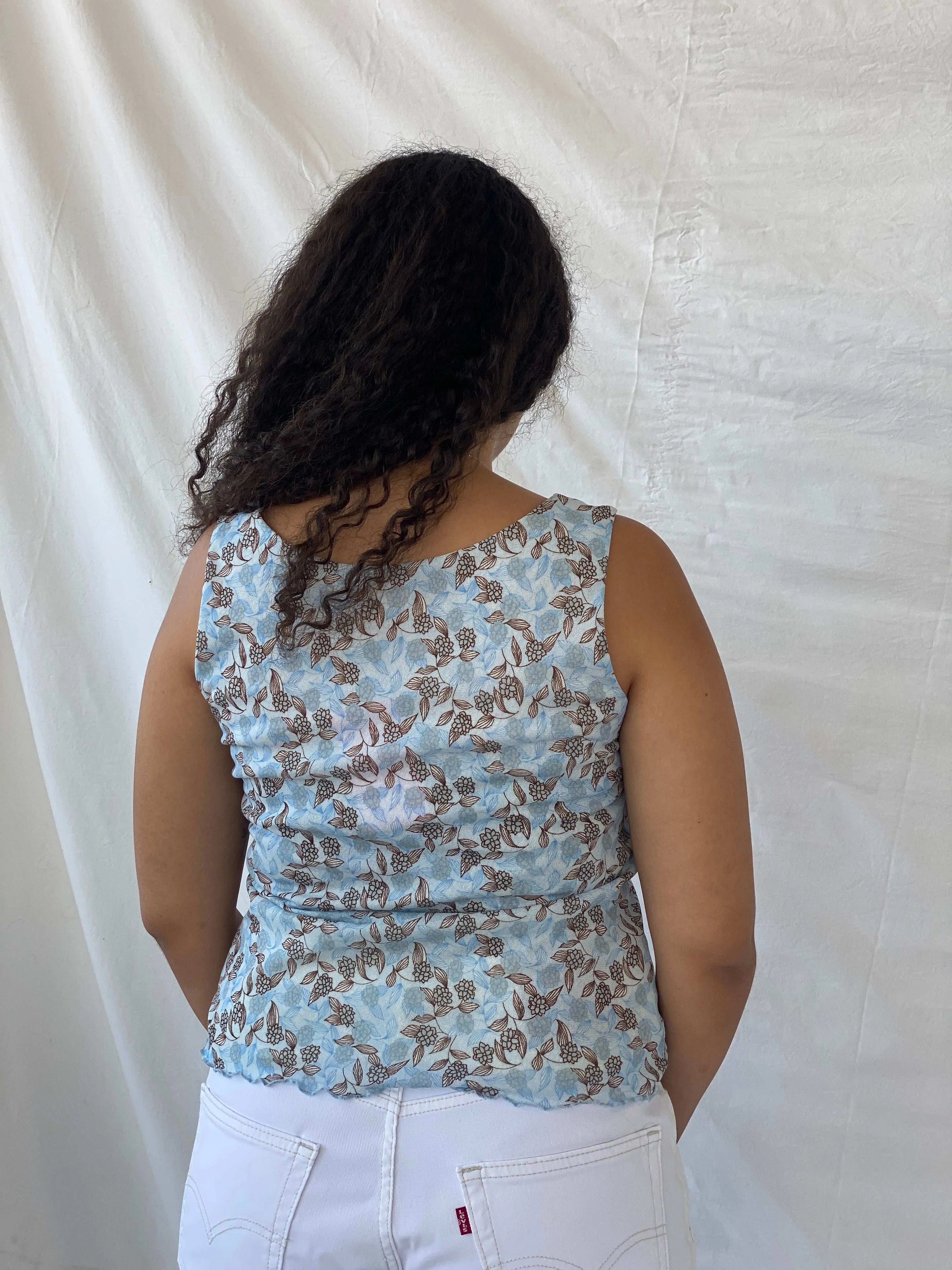 Y2K Xhilaration Blue Floral Mesh Top - L - Balagan Vintage Sleeveless Top 00s, 90s, Dina, mesh, mesh top
