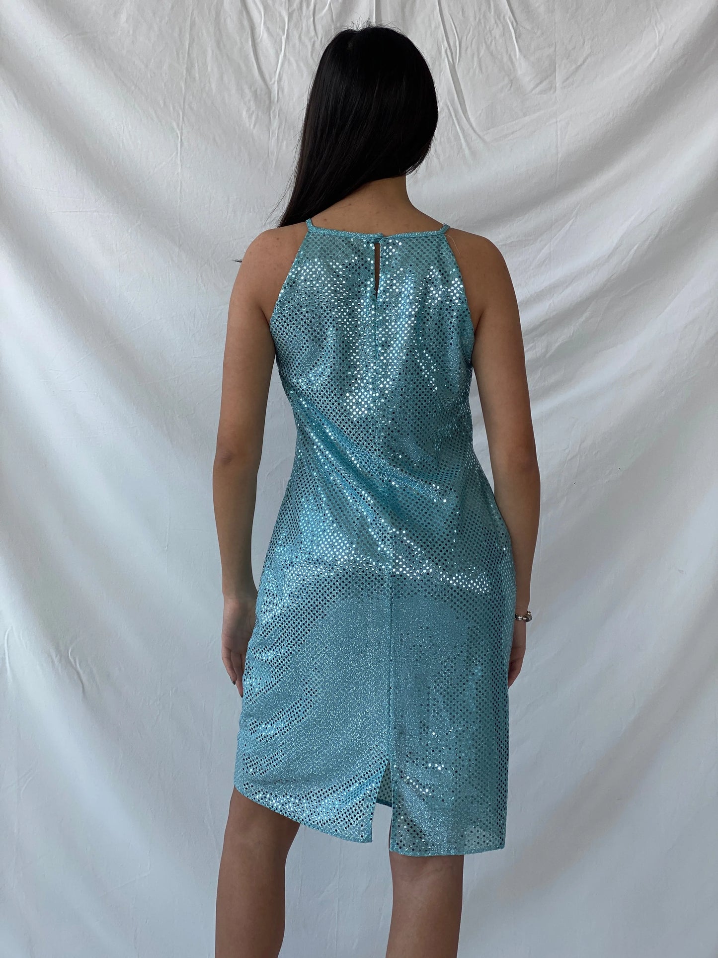 Y2K Yessica Metallic Teal Sequin A-Line Midi Dress - M - Balagan Vintage Midi Dress 00s dress, consignment, Dana, dress, midi dress, Syntia, vintage dress, Wedding Guest