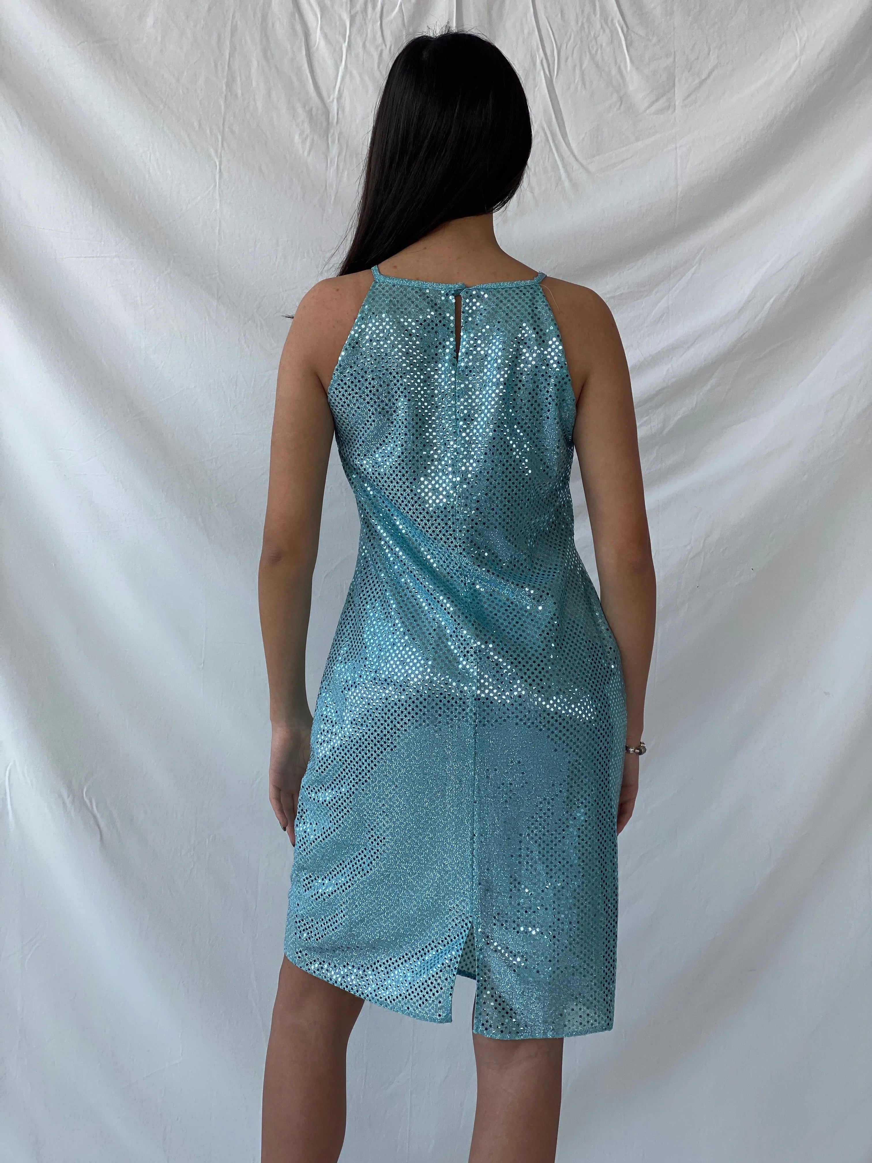 Y2K Yessica Metallic Teal Sequin A-Line Midi Dress - M - Balagan Vintage Midi Dress 00s dress, consignment, Dana, dress, midi dress, Syntia, vintage dress, Wedding Guest