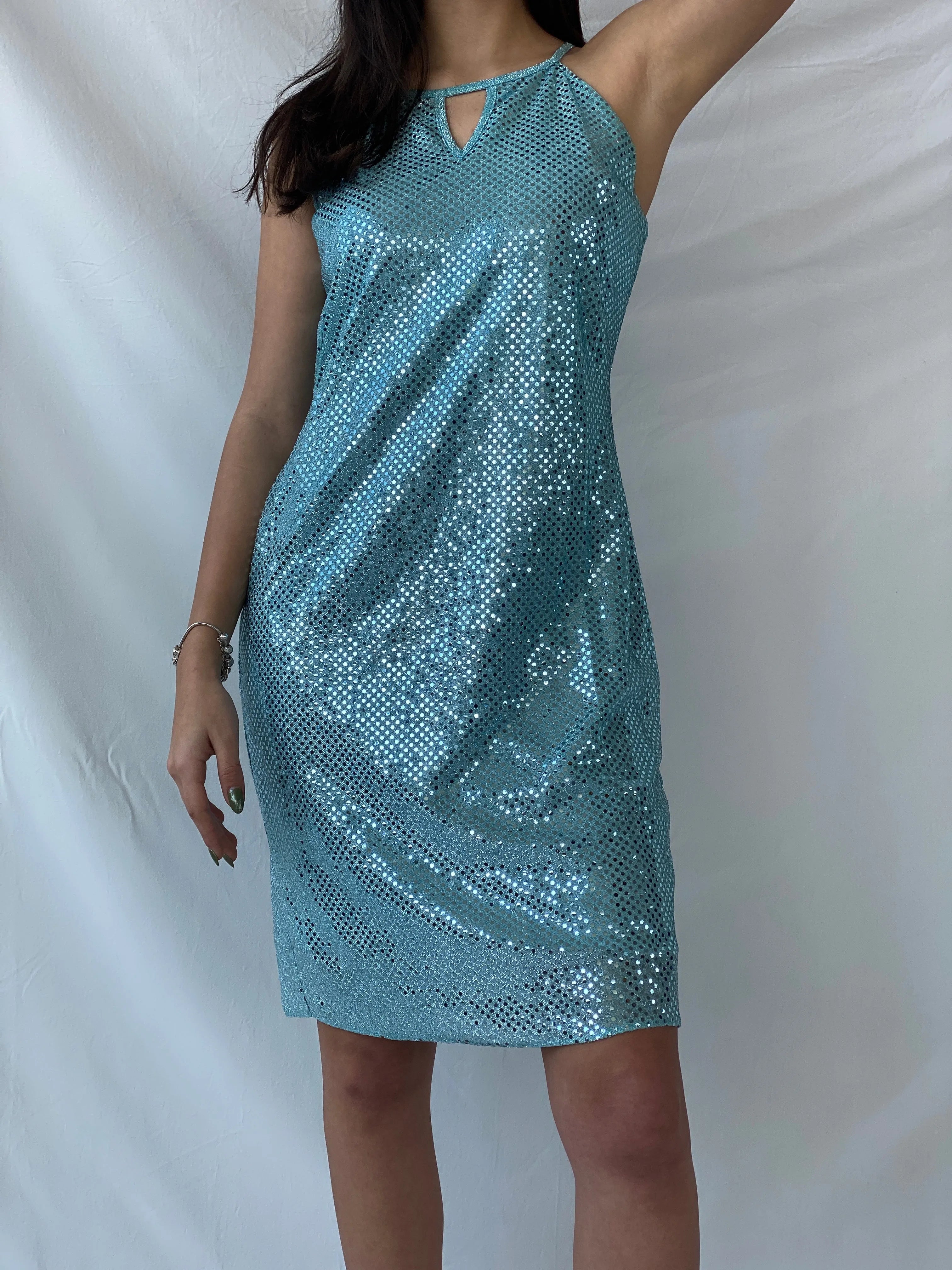Y2K Yessica Metallic Teal Sequin A-Line Midi Dress - M - Balagan Vintage Midi Dress 00s dress, consignment, Dana, dress, midi dress, Syntia, vintage dress, Wedding Guest
