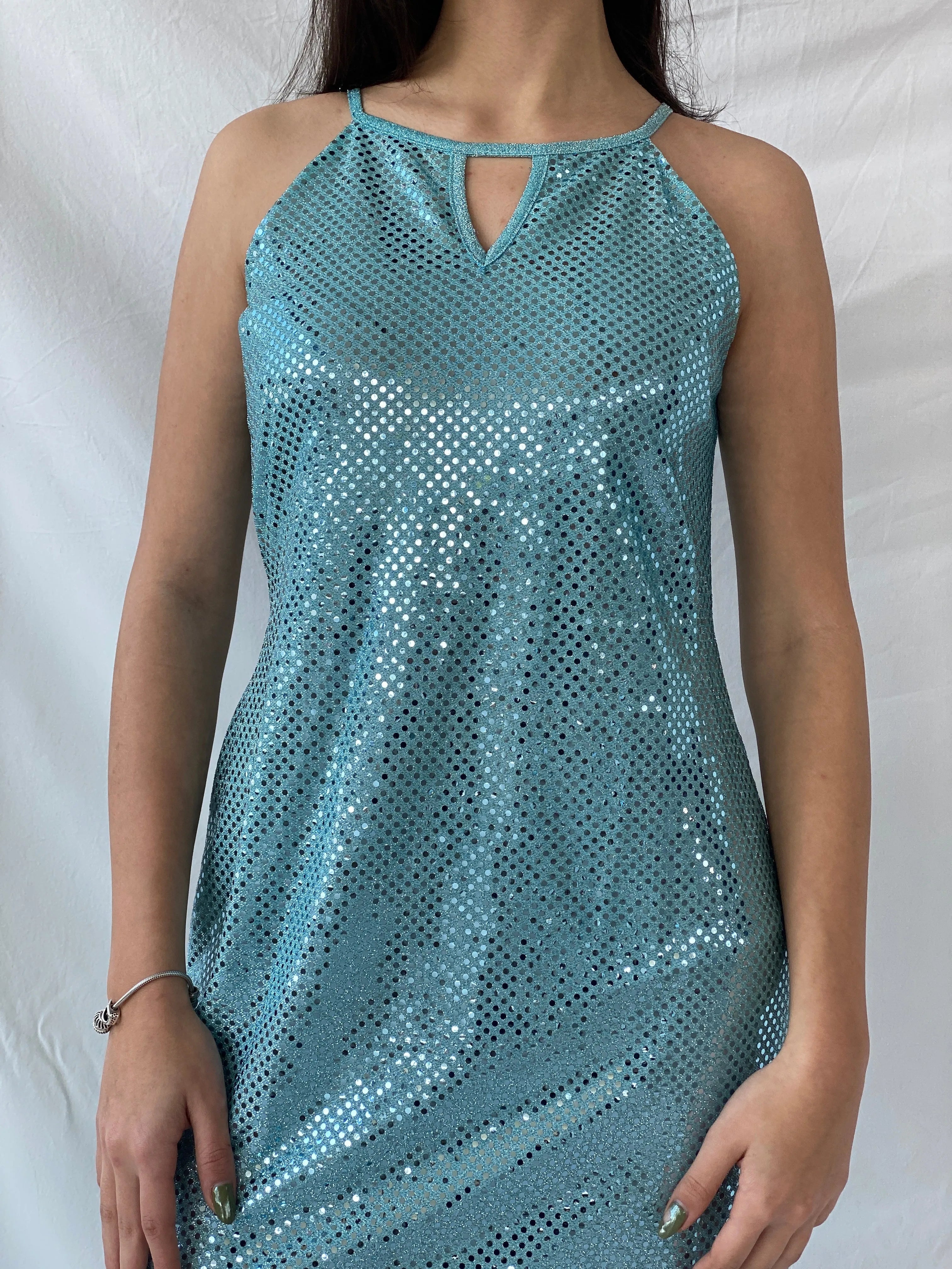 Y2K Yessica Metallic Teal Sequin A-Line Midi Dress - M - Balagan Vintage Midi Dress 00s dress, consignment, Dana, dress, midi dress, Syntia, vintage dress, Wedding Guest