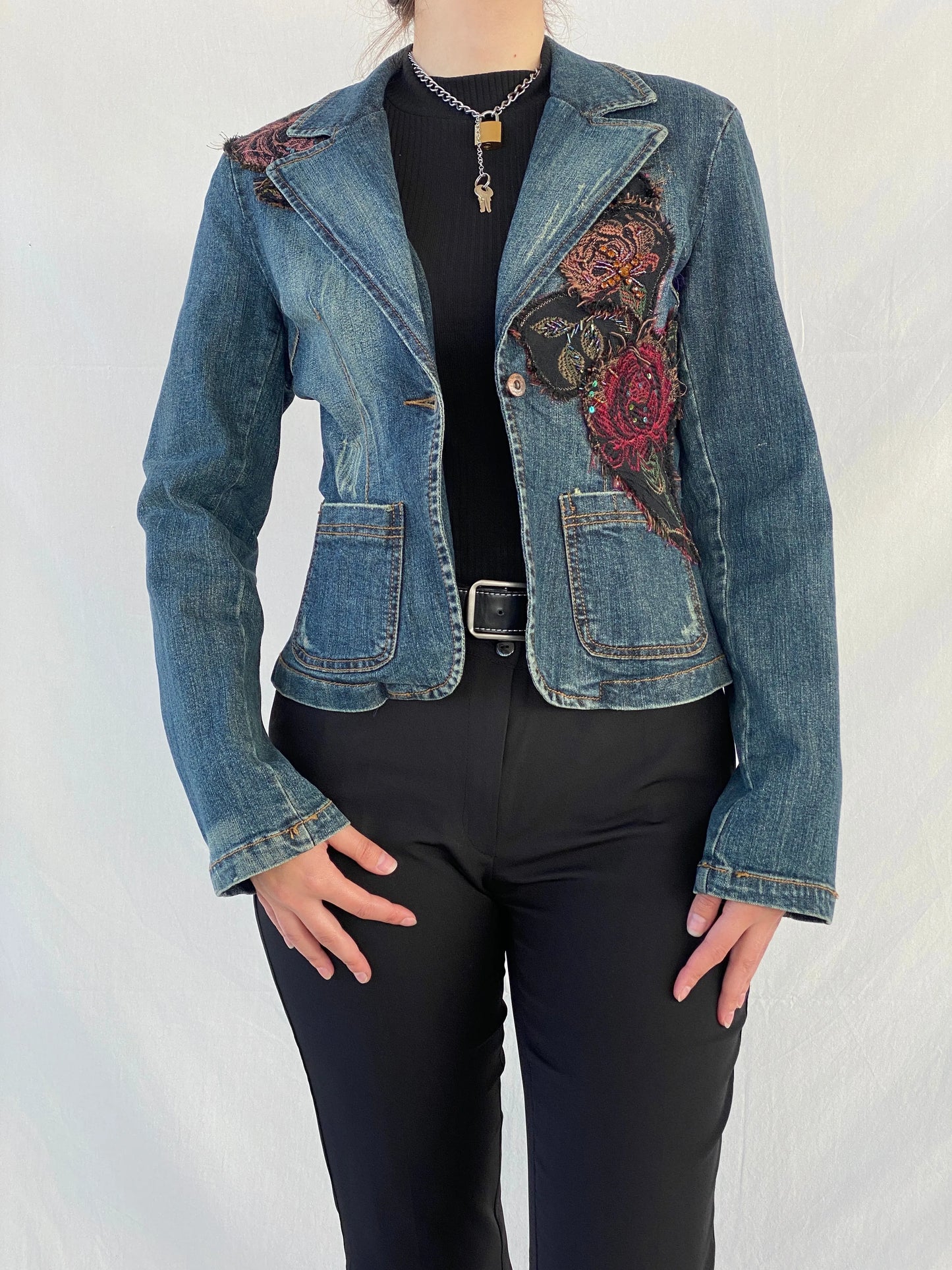Y2K Zebra Jeans Flowers Patched Embellished Denim Blazer - M - Balagan Vintage Blazer 00s, Ayah, Coats&Jackets, denim, denim jacket, Women's Blazers, Women's Denim Jackets