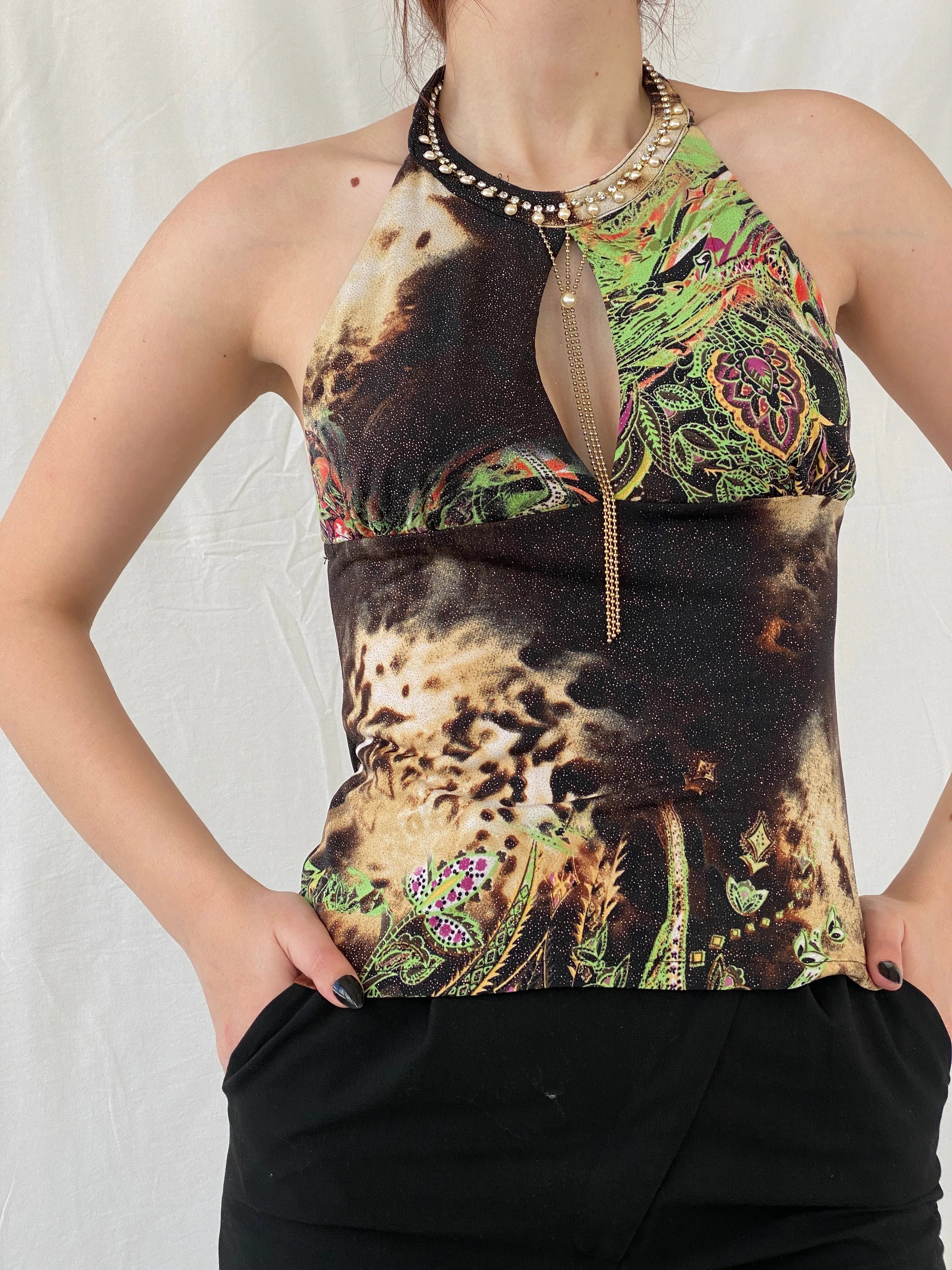 Y2K Zizi Shimmery Paisley Print Embellished Party Halter Top - M - Balagan Vintage Halter Top 00s, Ayah, halter top, Top, women top