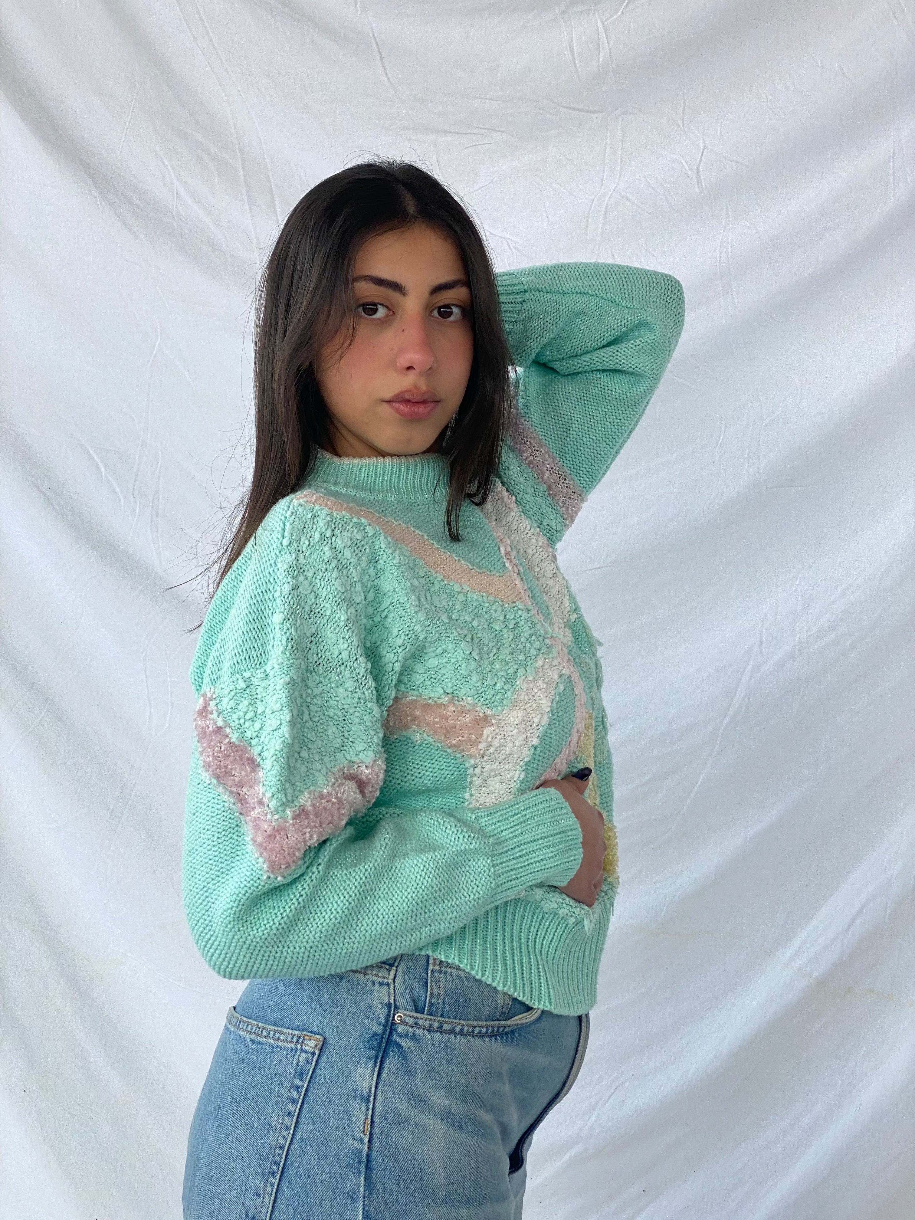 Vintage Jaclyn Smith Pastel Crewneck Sweater - Balagan Vintage Sweater 80s, 90s, knitted sweater, pastel, printed sweater, sweater