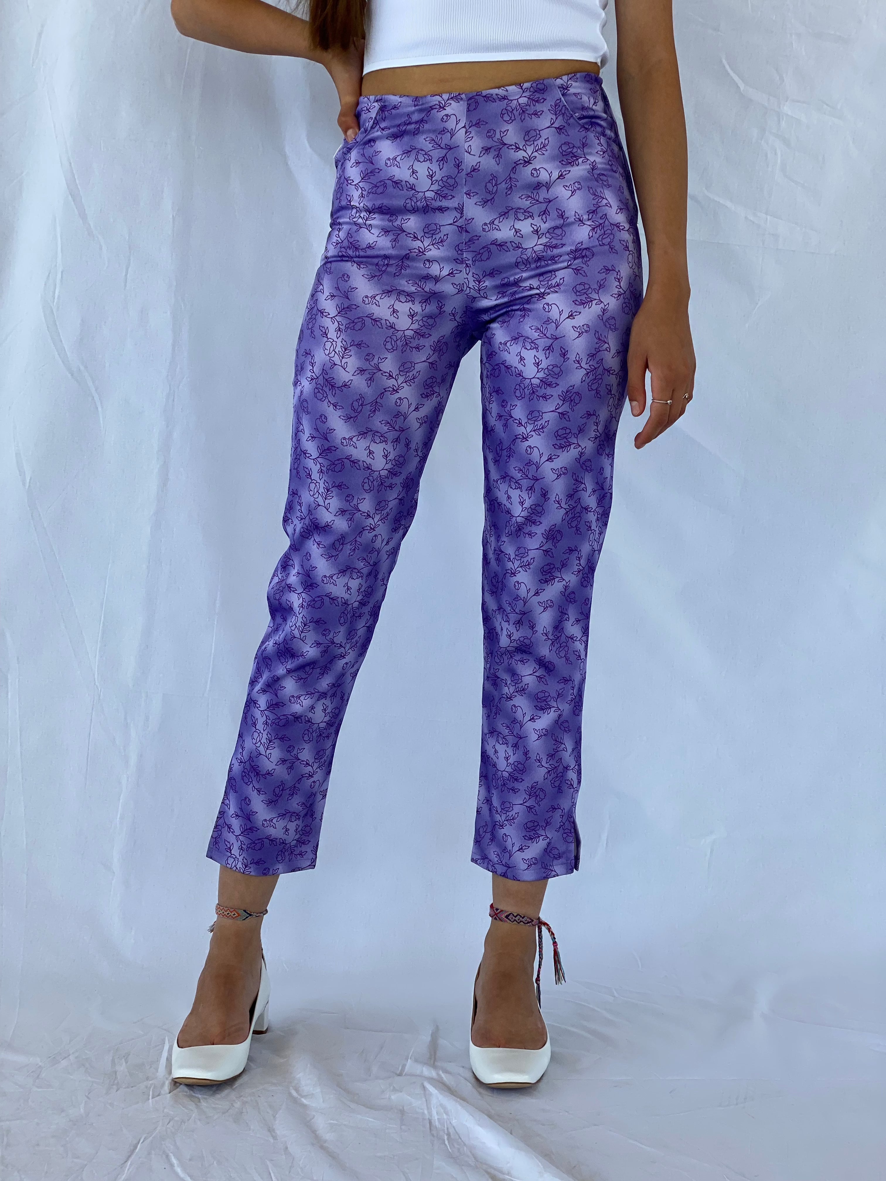 90s Purple High Waist Knitted Flare Pants Hippie Vintage Lined Ribbed  Trousers 