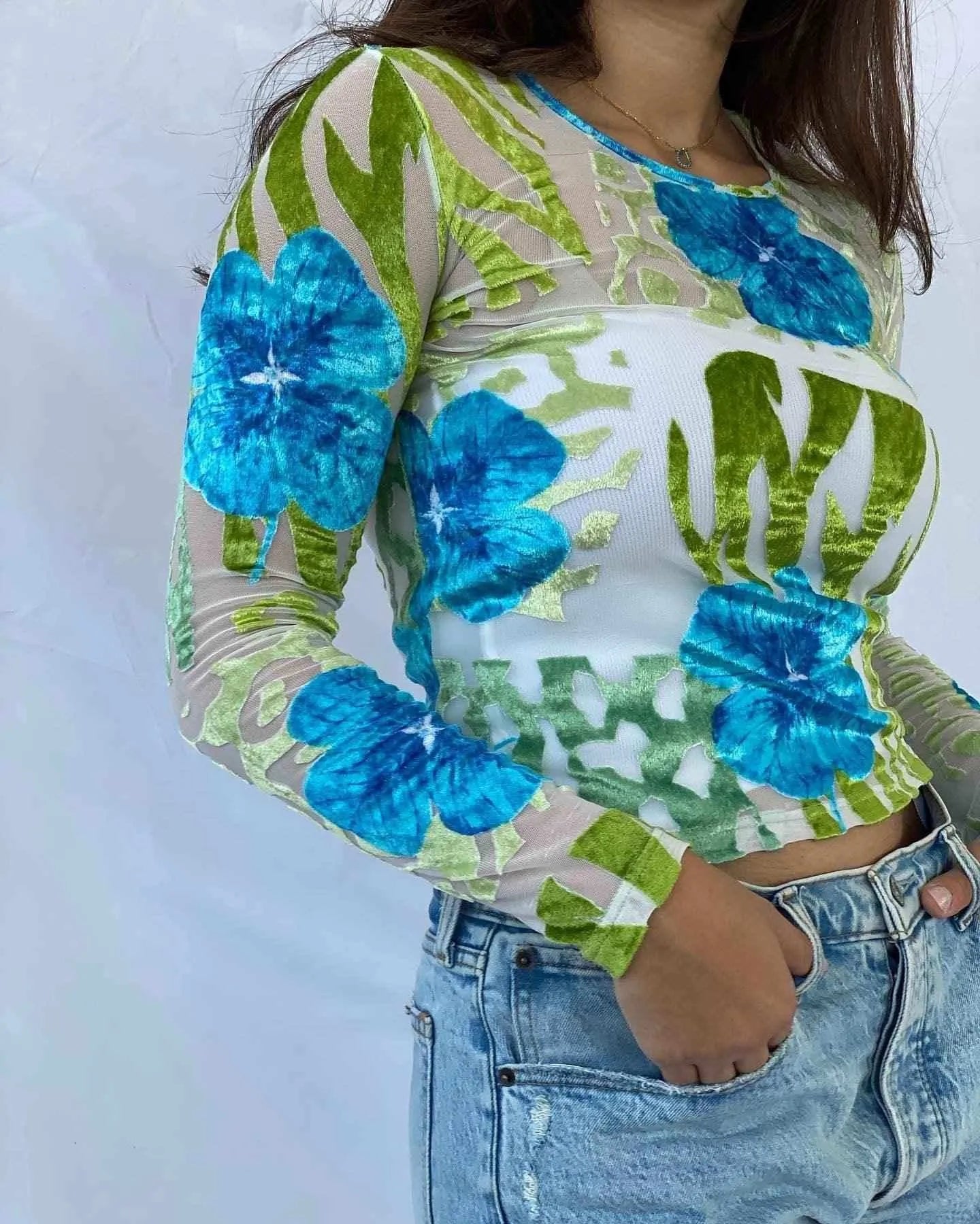 KENZO JEANS Full-Sleeve Mesh Top - Balagan Vintage Full Sleeve Top floral mesh, flower pattern, kenzo, kenzo jeans, kenzo Top, mesh, mesh top, shirt, streetwear, Top, vintage, vintage prints, women, women shirt, Y2K