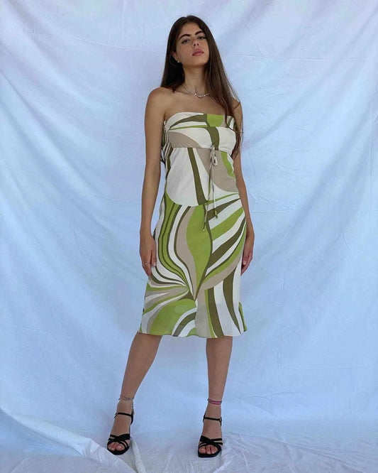 Vintage 00s Groovy LUCÉ Strapless Dress - Balagan Vintage Midi Dress dress, groovy dress, strapless dress, Y2K dress