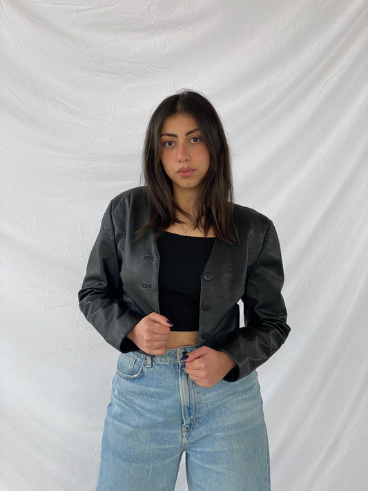 Vintage Cropped Leather Jacket - Balagan Vintage Leather Jacket 90s, black leather, Coats&Jackets, Deals, genuine leather, genuine leather jacket, leather, leather jacket, Women's Leather Jackets