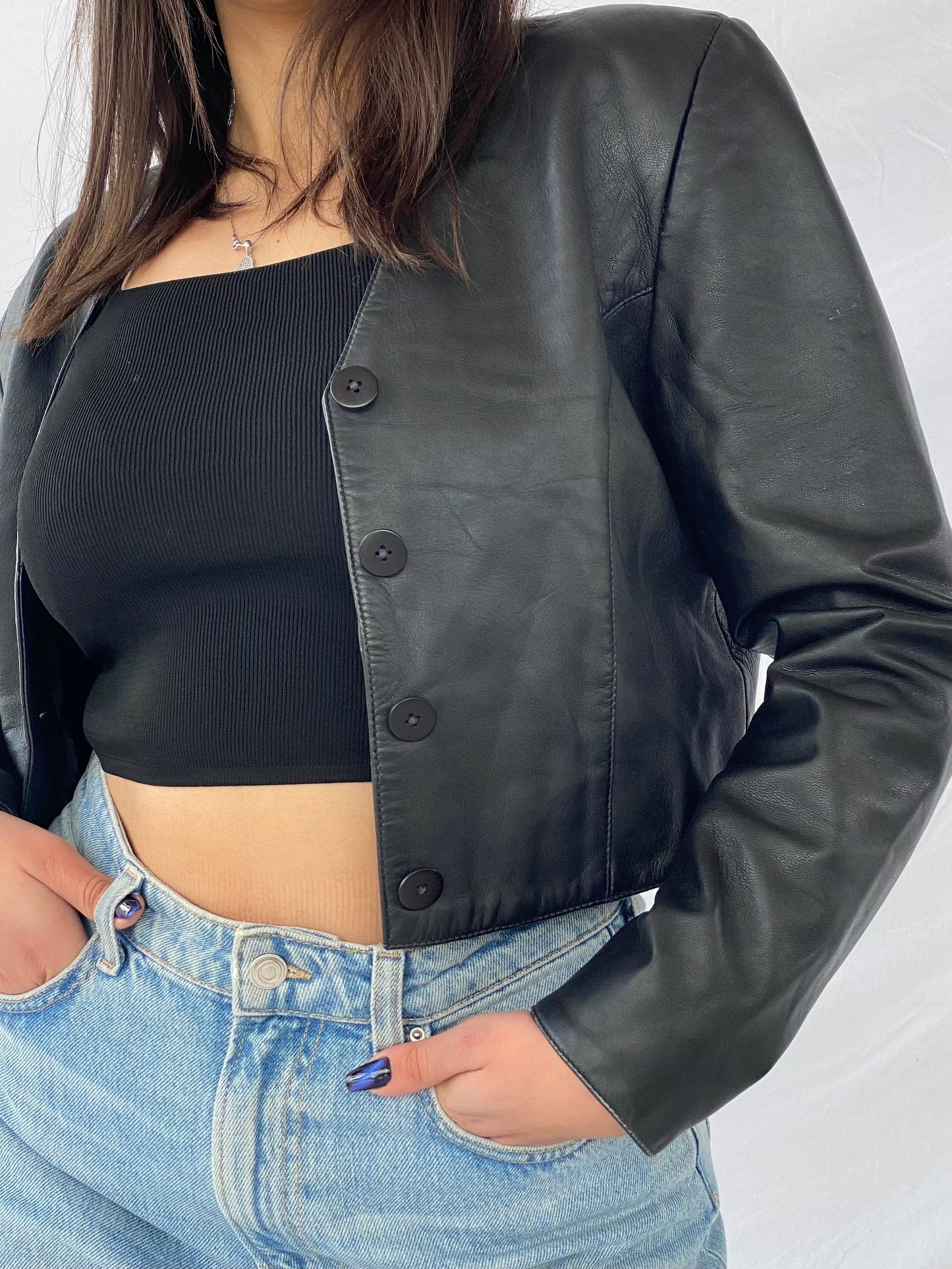 Vintage Cropped Leather Jacket - Balagan Vintage Leather Jacket 90s, black leather, Coats&Jackets, Deals, genuine leather, genuine leather jacket, leather, leather jacket, Women's Leather Jackets