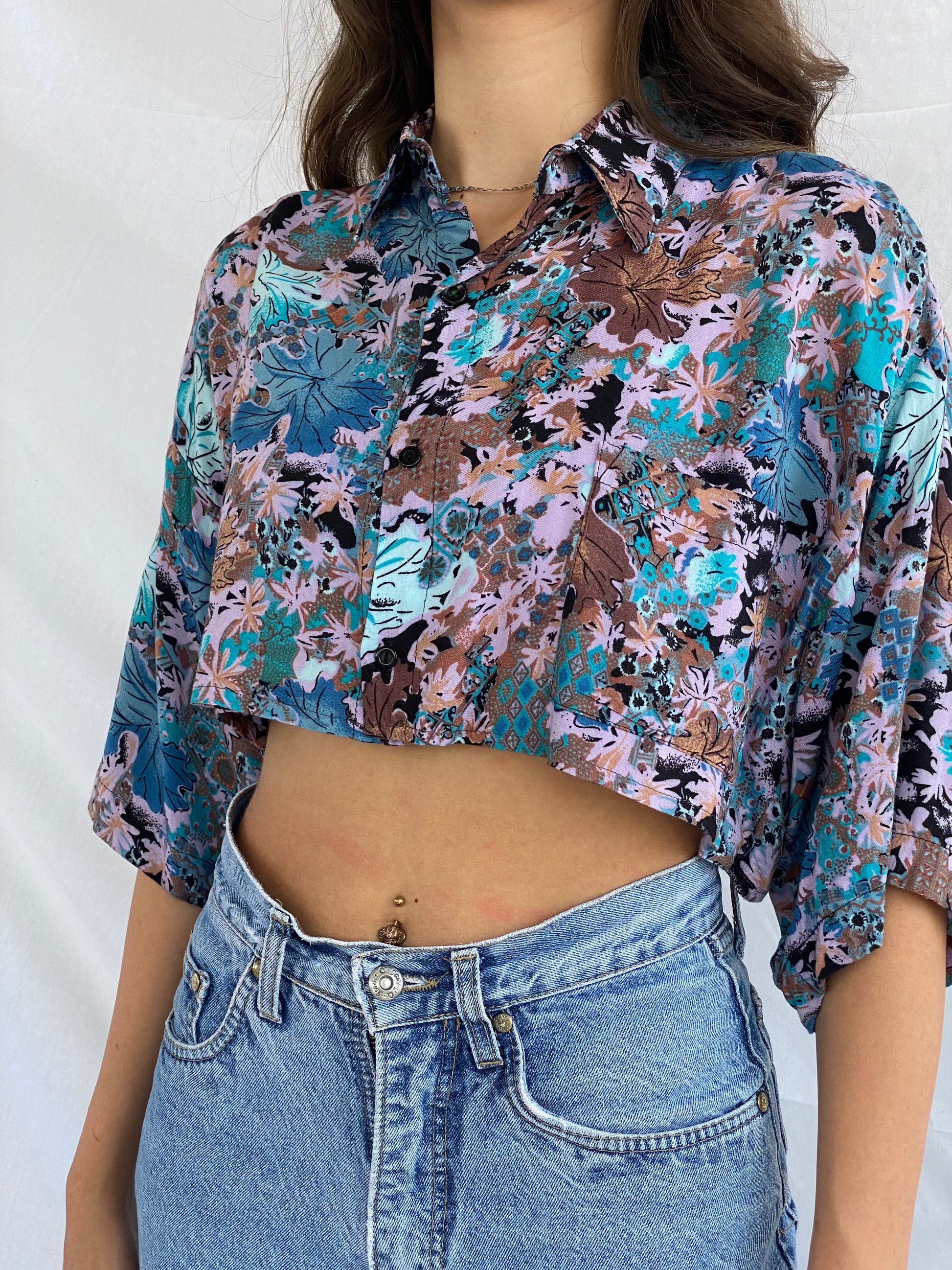 Vintage NATAN U.S.A Cropped Shirt - Balagan Vintage Cropped Shirt crazy print, cropped shirt, Deals, festival wear, printed shirt, reworked shirt, shirt, shirts, streetwear, summer, summer prints, techno, techno wear, Top, vintage, vintage cropped shirt, vintage prints, women, women shirt