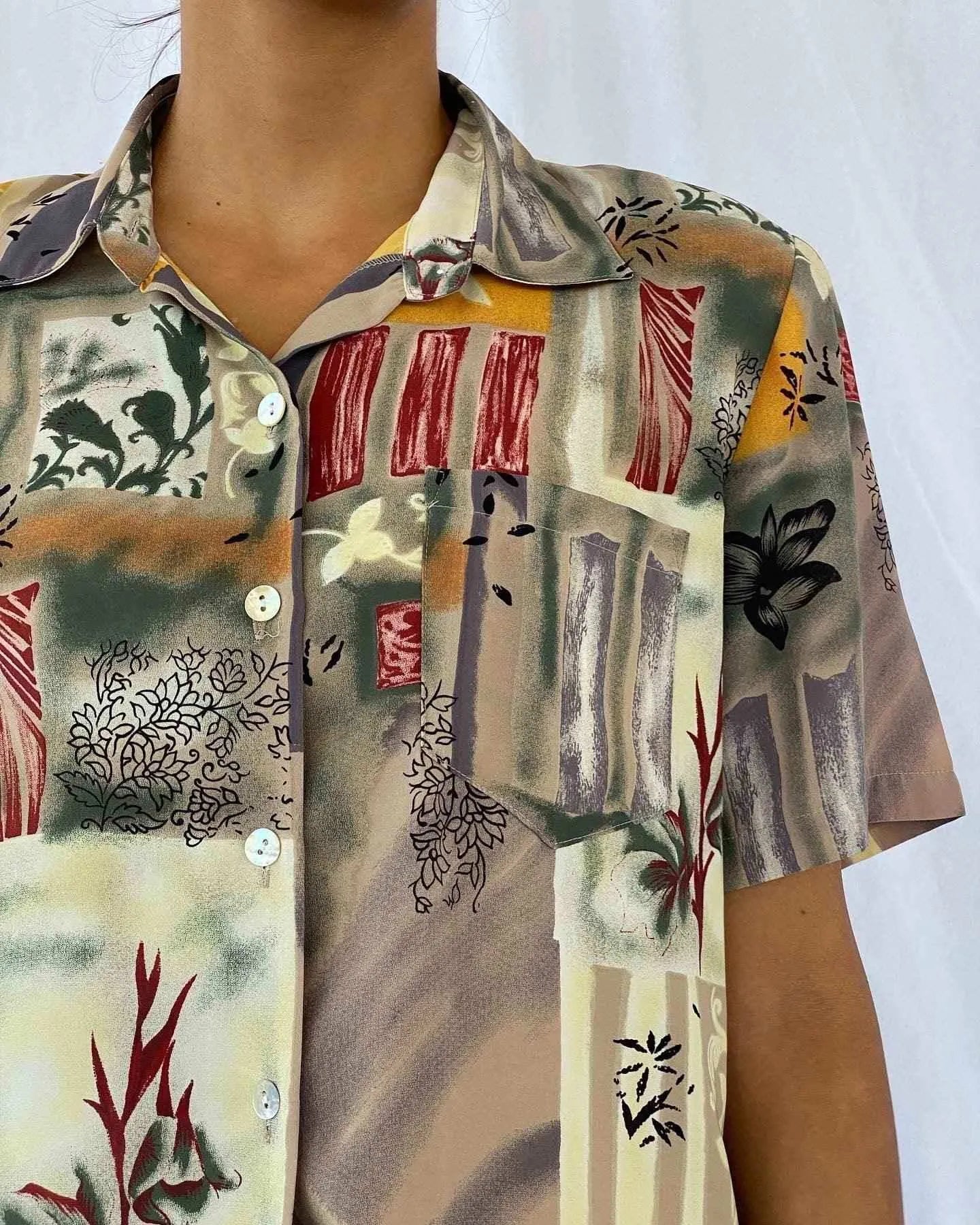 Vintage Printed Half Sleeve Shirt - Balagan Vintage Half Sleeve Shirt 00s, cotton, crazy print, Deals, geometric print, graphic, graphic top, half sleeve shirt, Hawaiian shirt, oversized, oversized shirt, prints, shirt, summer prints, techno, techno wear, Top, unisex shirts, vintage, vintage prints, women, women shirt, Y2K