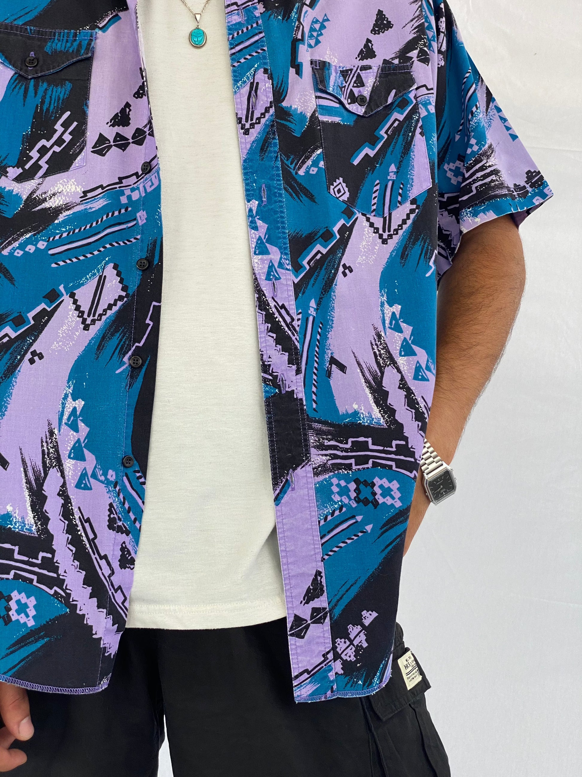 Vintage Wrangler Printed Shirt - Balagan Vintage Half Sleeve Shirt 00s, 90s, crazy print, Deals, festival wear, geometric print, graphic, graphic top, groovy shirt, half sleeve shirt, men, mens shirt, outerwear, oversized, oversized shirt, printed shirt, shirt, shirts, summer, summer prints, techno, techno wear, unisex, unisex shirts, women, women shirt, wrangler, wrangler shirt, Y2K