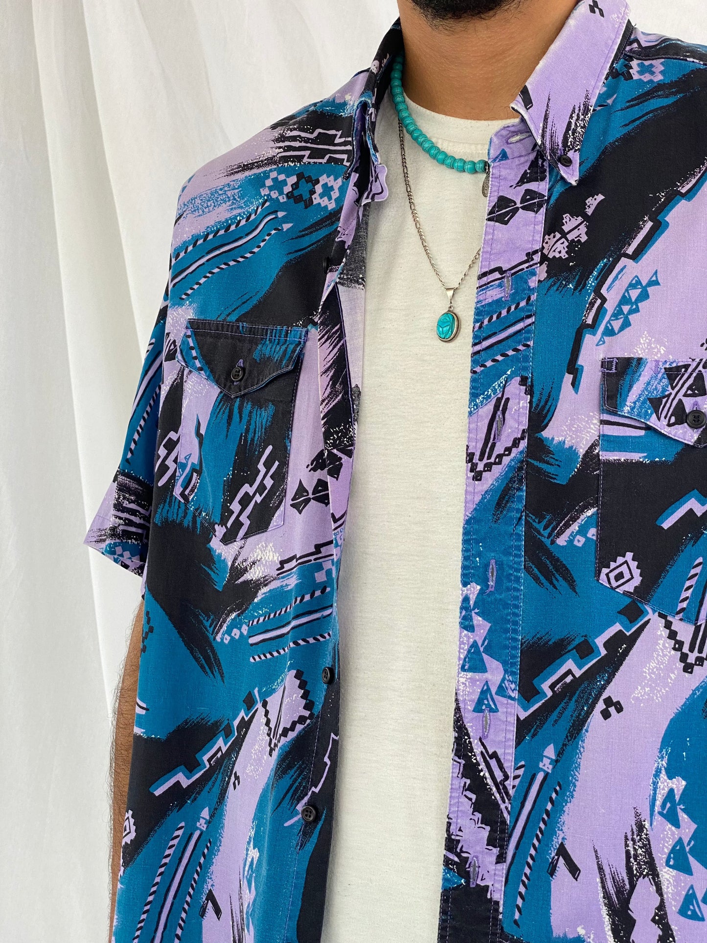 Vintage Wrangler Printed Shirt - Balagan Vintage Half Sleeve Shirt 00s, 90s, crazy print, Deals, festival wear, geometric print, graphic, graphic top, groovy shirt, half sleeve shirt, men, mens shirt, outerwear, oversized, oversized shirt, printed shirt, shirt, shirts, summer, summer prints, techno, techno wear, unisex, unisex shirts, women, women shirt, wrangler, wrangler shirt, Y2K