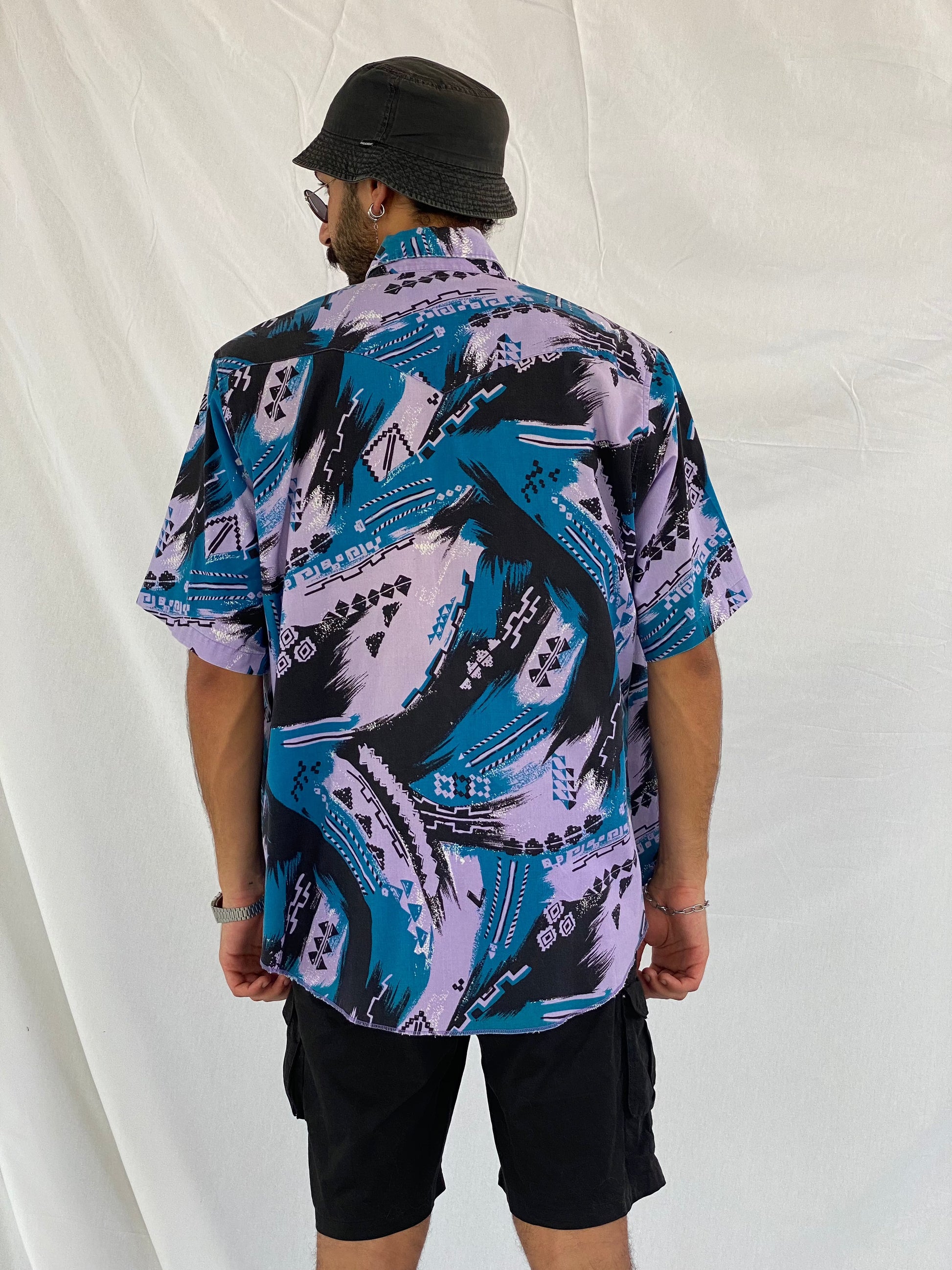 Vintage Wrangler Printed Shirt - Balagan Vintage Half Sleeve Shirt 00s, 90s, crazy print, Deals, festival wear, geometric print, graphic, graphic top, groovy shirt, half sleeve shirt, men, mens shirt, outerwear, oversized, oversized shirt, printed shirt, shirt, shirts, summer, summer prints, techno, techno wear, unisex, unisex shirts, women, women shirt, wrangler, wrangler shirt, Y2K