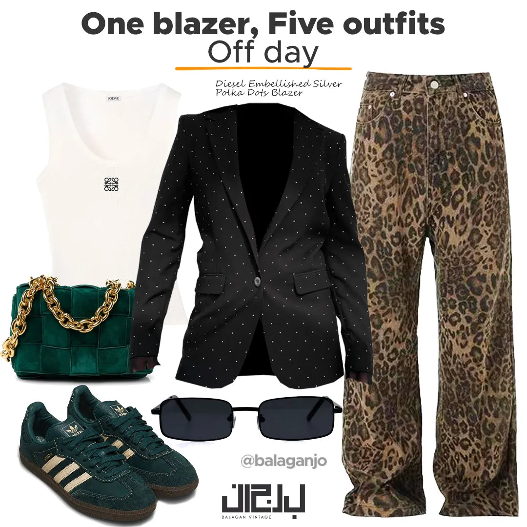 Black Diesel embellished polka dot blazer styled with leopard print pants, white tank top, green handbag, sneakers, and sunglasses