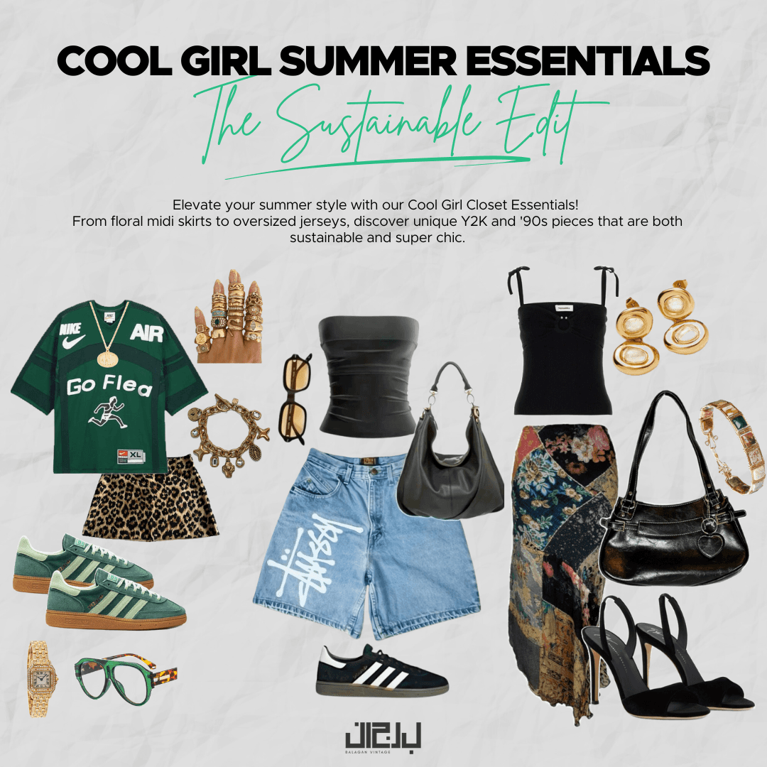 Balagan Vintage summer essentials collage with 90s Y2K clothing, shoes, bags, jewelry.
