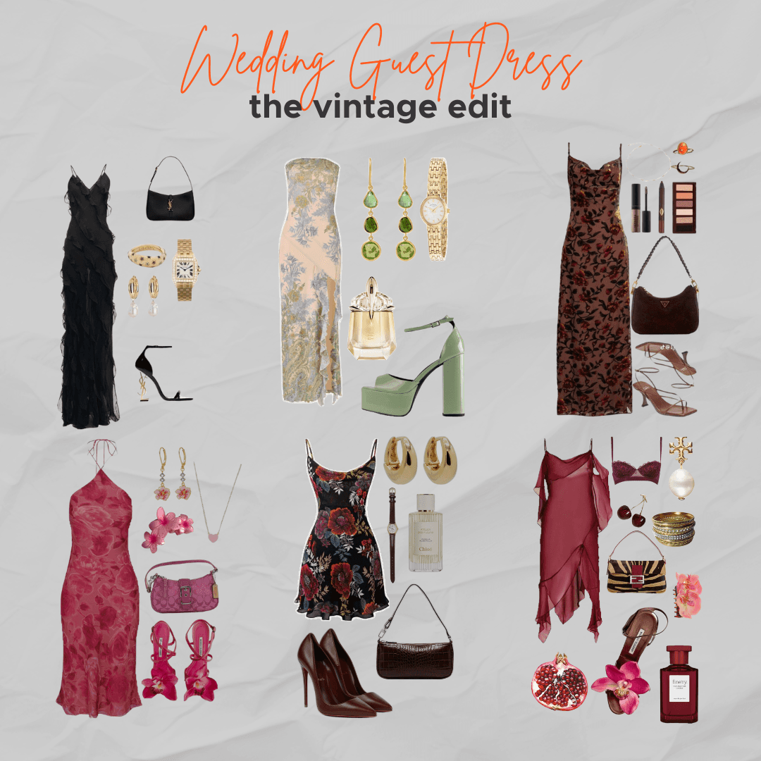 Vintage wedding guest dress outfit ideas with accessories from Balagan Vintage