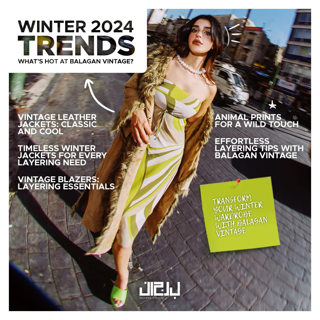 Balagan Vintage winter 2024 trends: woman in faux fur coat and patterned dress outdoors, highlighting vintage leather jackets, blazers, and animal prints for winter fashion inspiration.