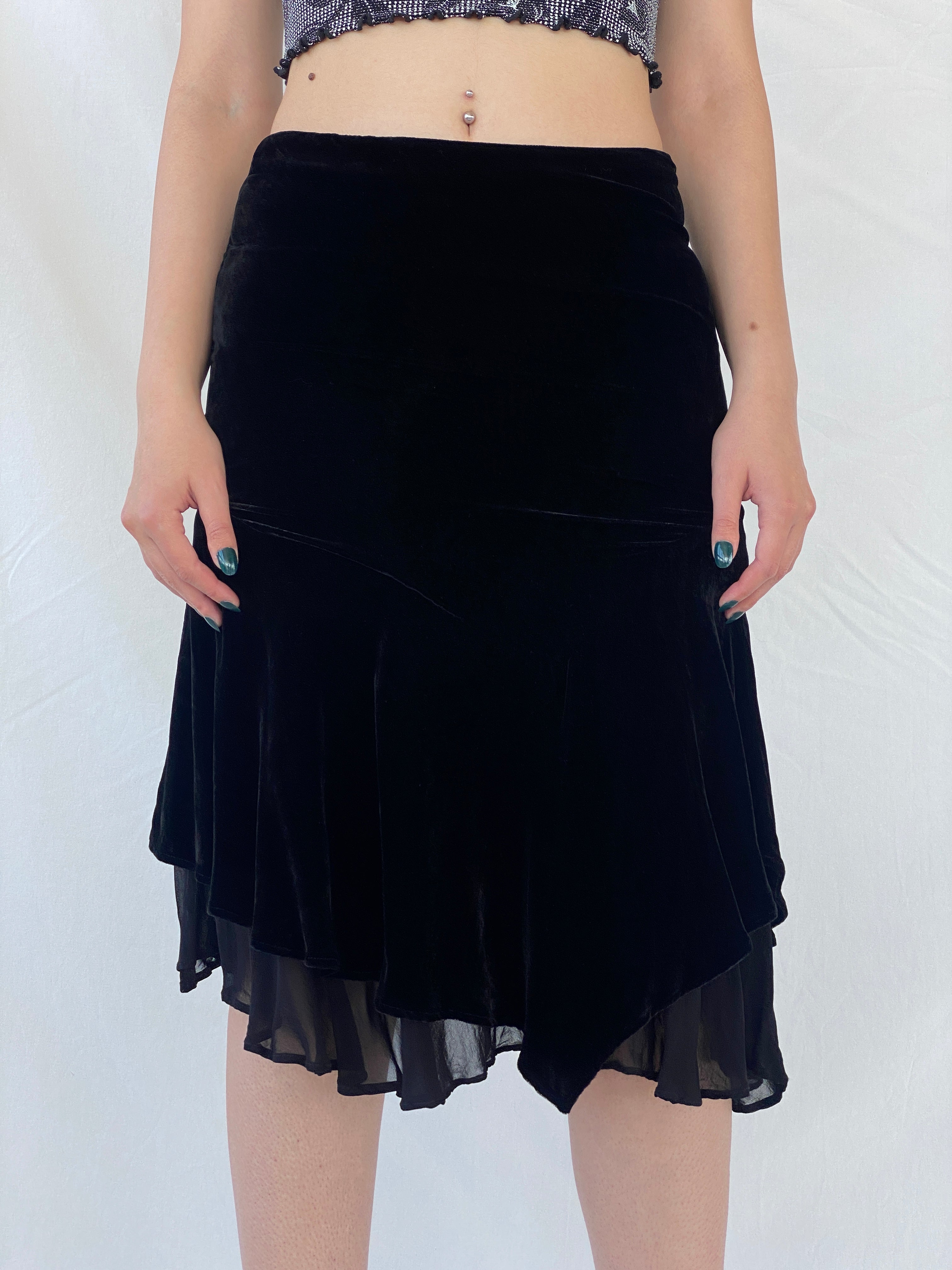 Vintage Jegains Mattiolo Asymmetric Velvet Black Midi Skirt - M